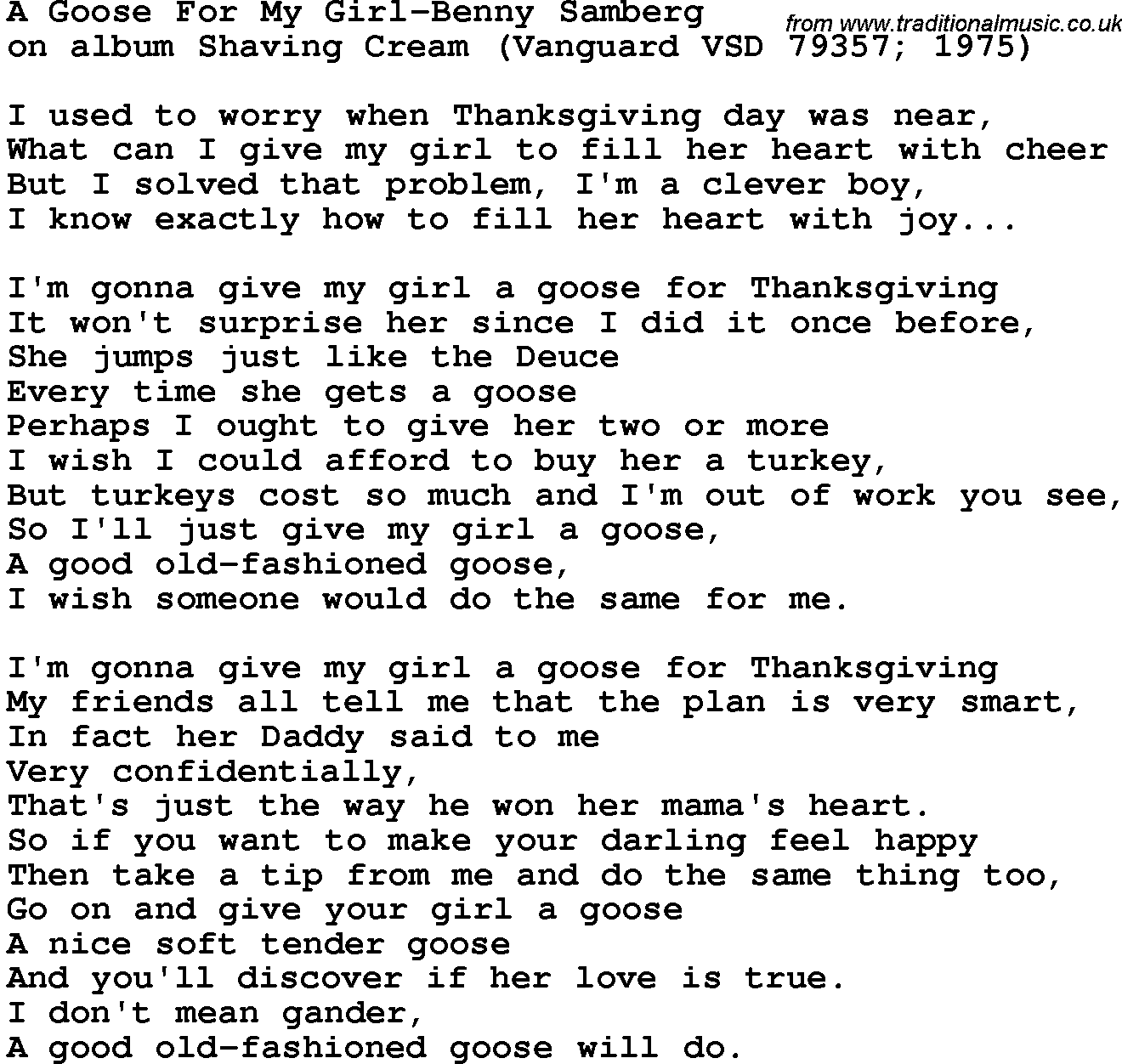 Novelty song: A Goose For My Girl-Benny Samberg lyrics