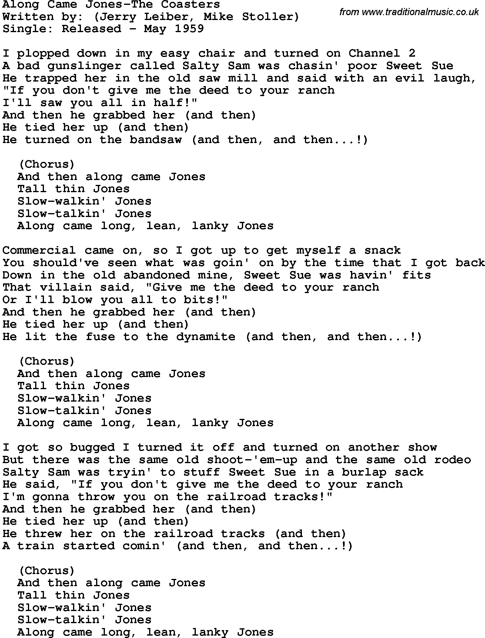 Novelty song: Along Came Jones-The Coasters lyrics