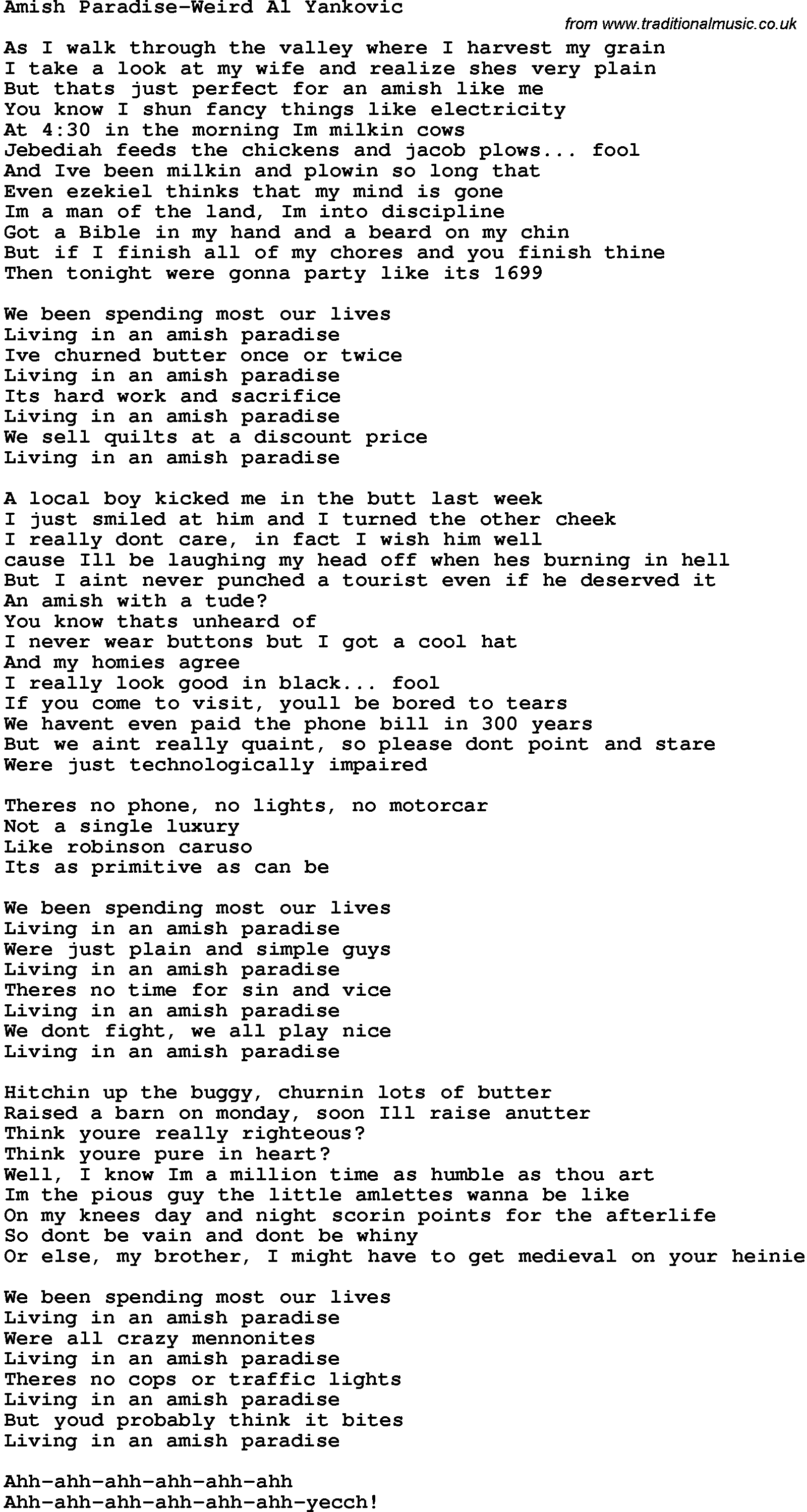 Novelty song: Amish Paradise-Weird Al Yankovic lyrics