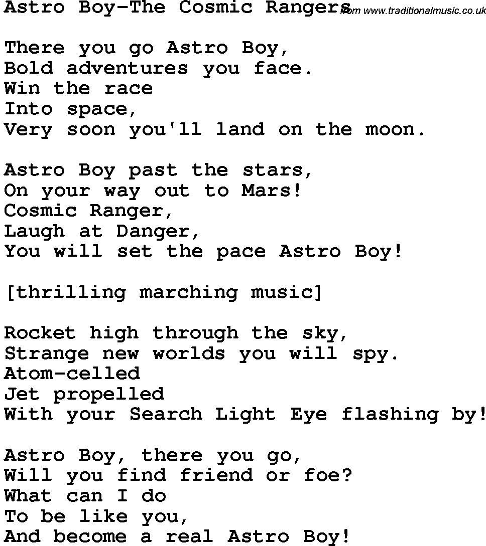 Novelty song: Astro Boy-The Cosmic Rangers lyrics