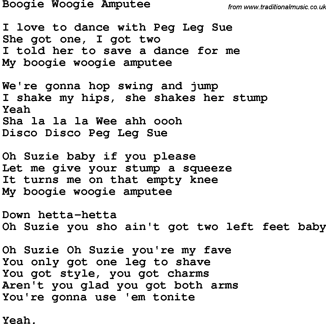 Novelty song: Boogie Woogie Amputee lyrics
