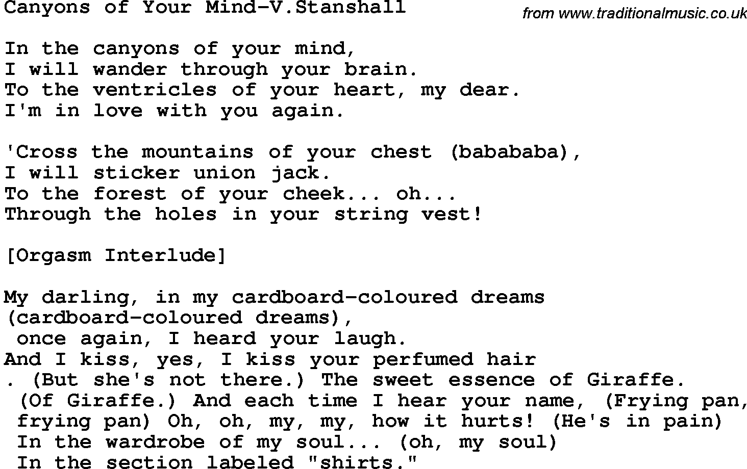 Novelty song: Canyons Of Your Mind-V Stanshall lyrics