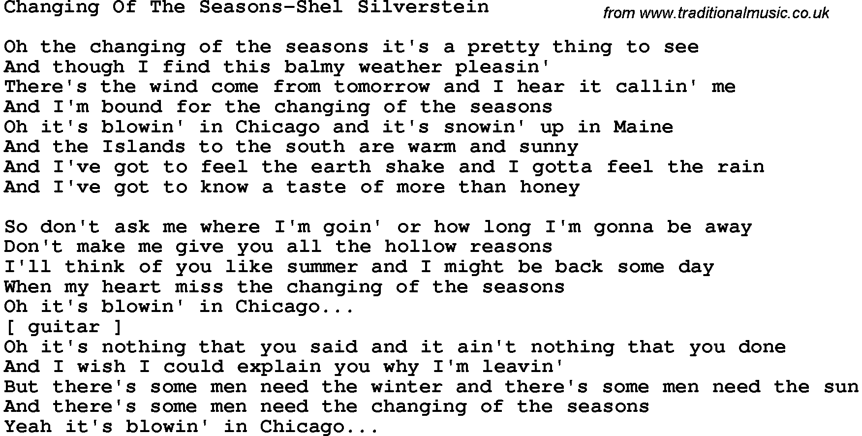 Novelty song: Changing Of The Seasons-Shel Silverstein lyrics