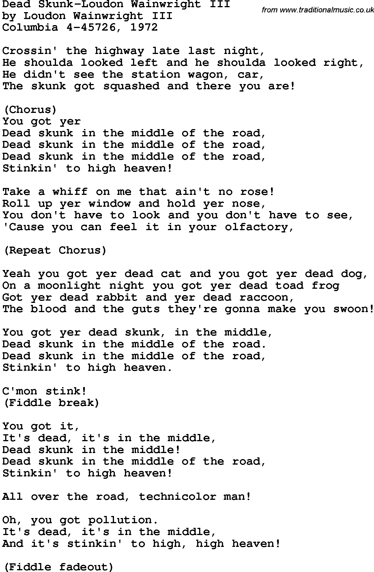 Novelty song: Dead Skunk-Loudon Wainwright Iii lyrics