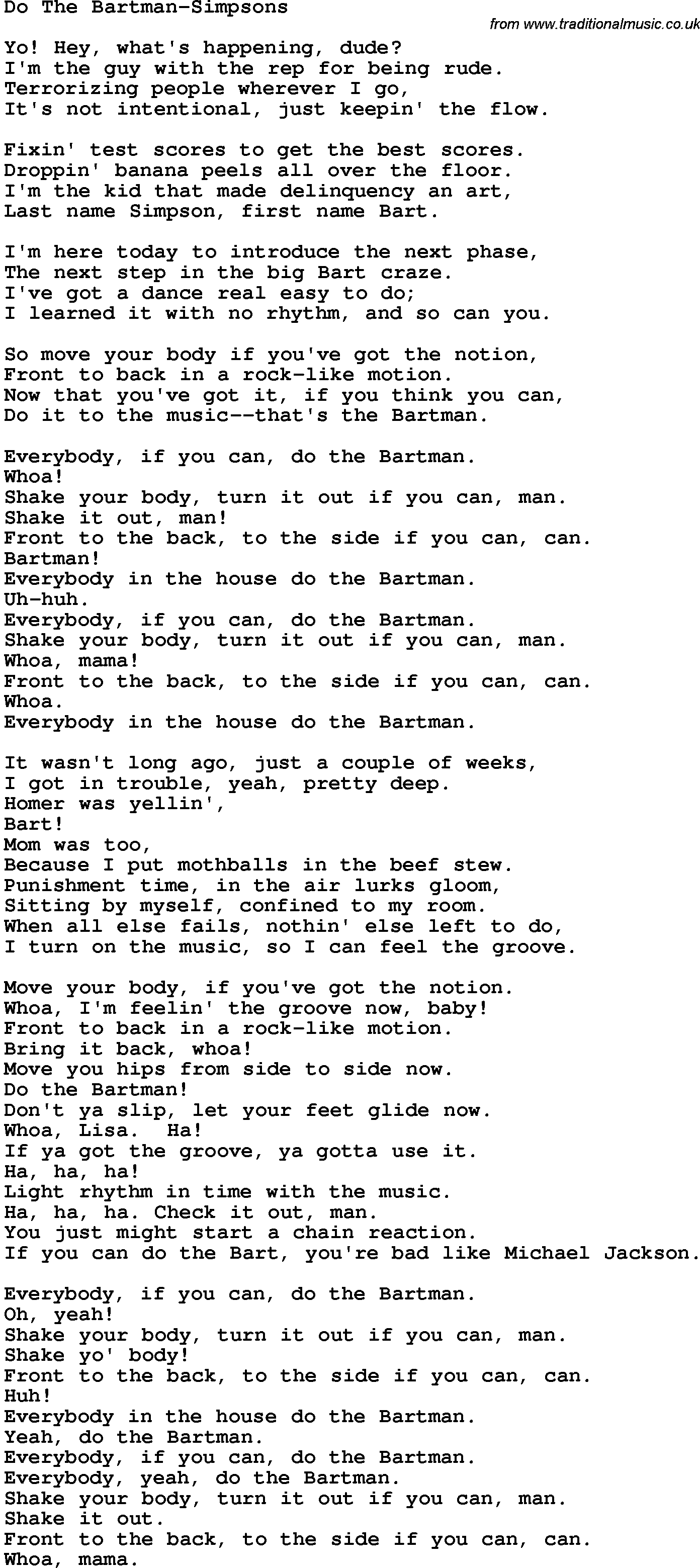 Novelty song: Do The Bartman-Simpsons lyrics