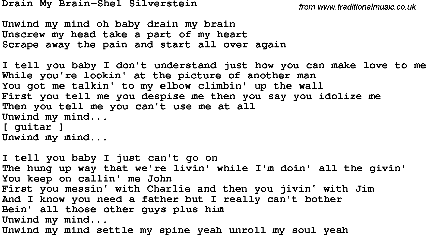 Novelty song: Drain My Brain-Shel Silverstein lyrics