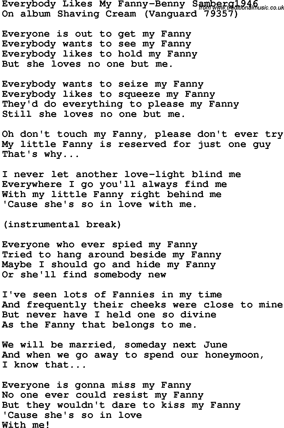Novelty song: Everybody Likes My Fanny-Benny Samberg1946 lyrics