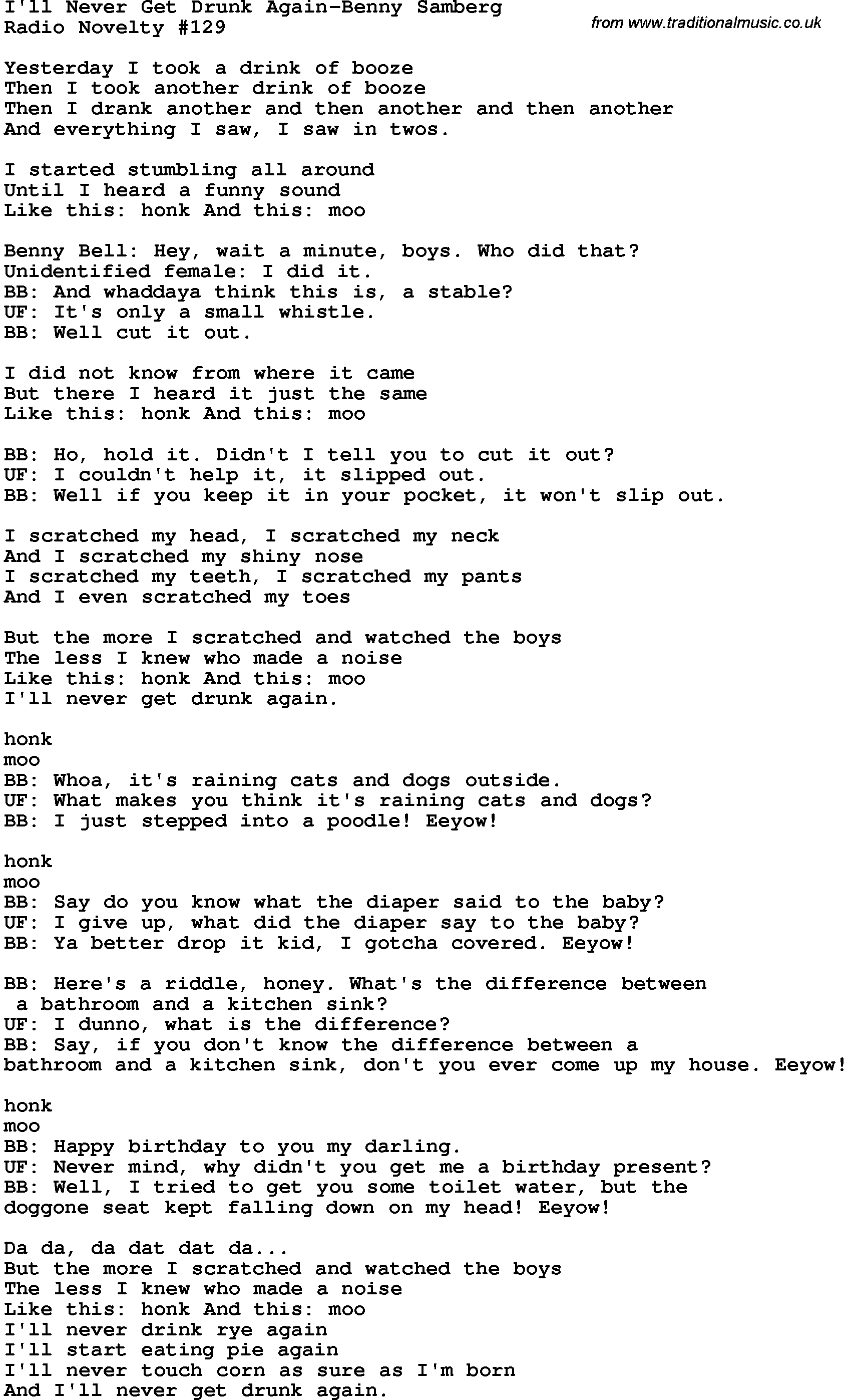 Novelty song: I'll Never Get Drunk Again-Benny Samberg lyrics