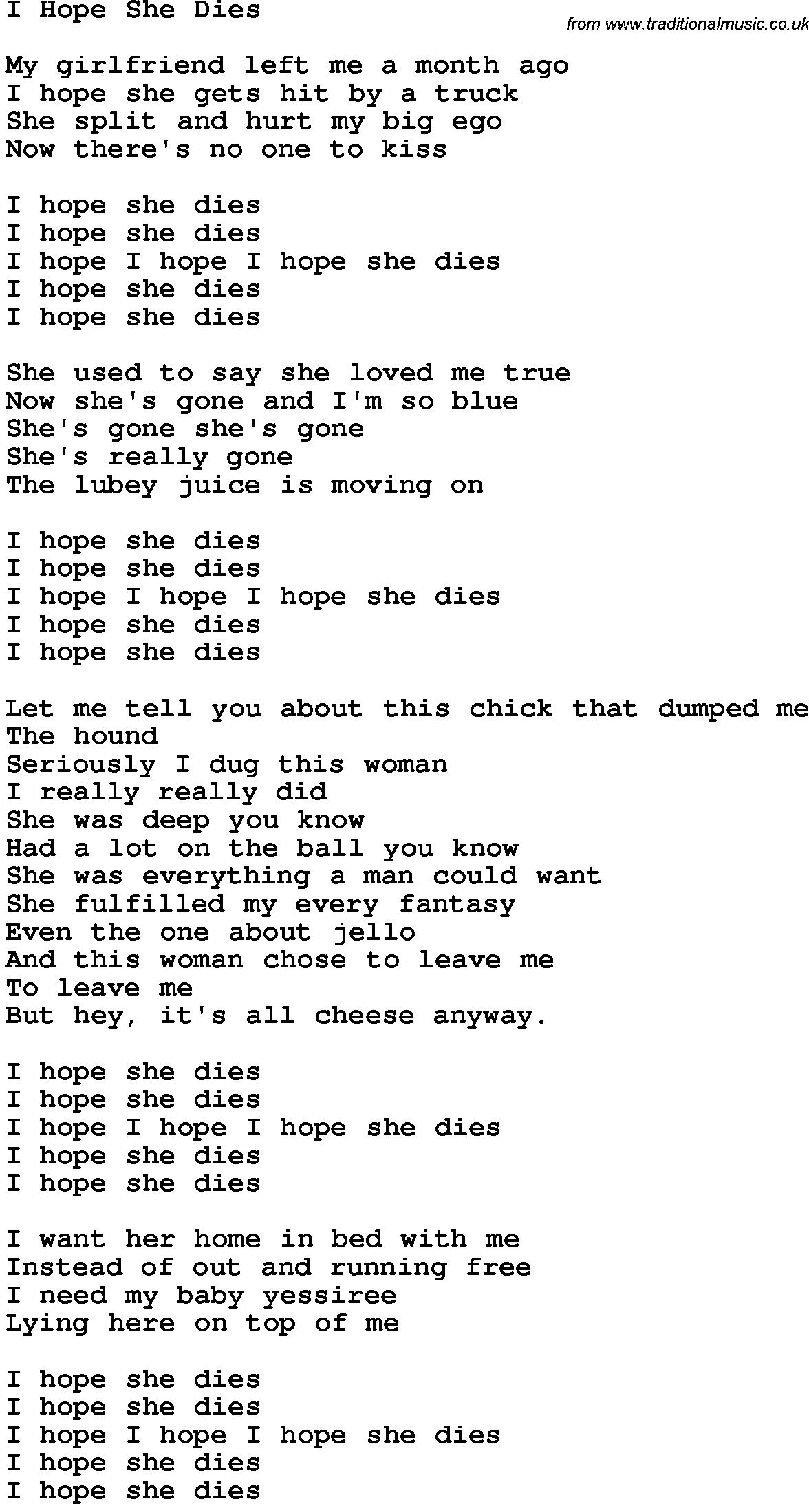 Novelty song: I Hope She Dies lyrics