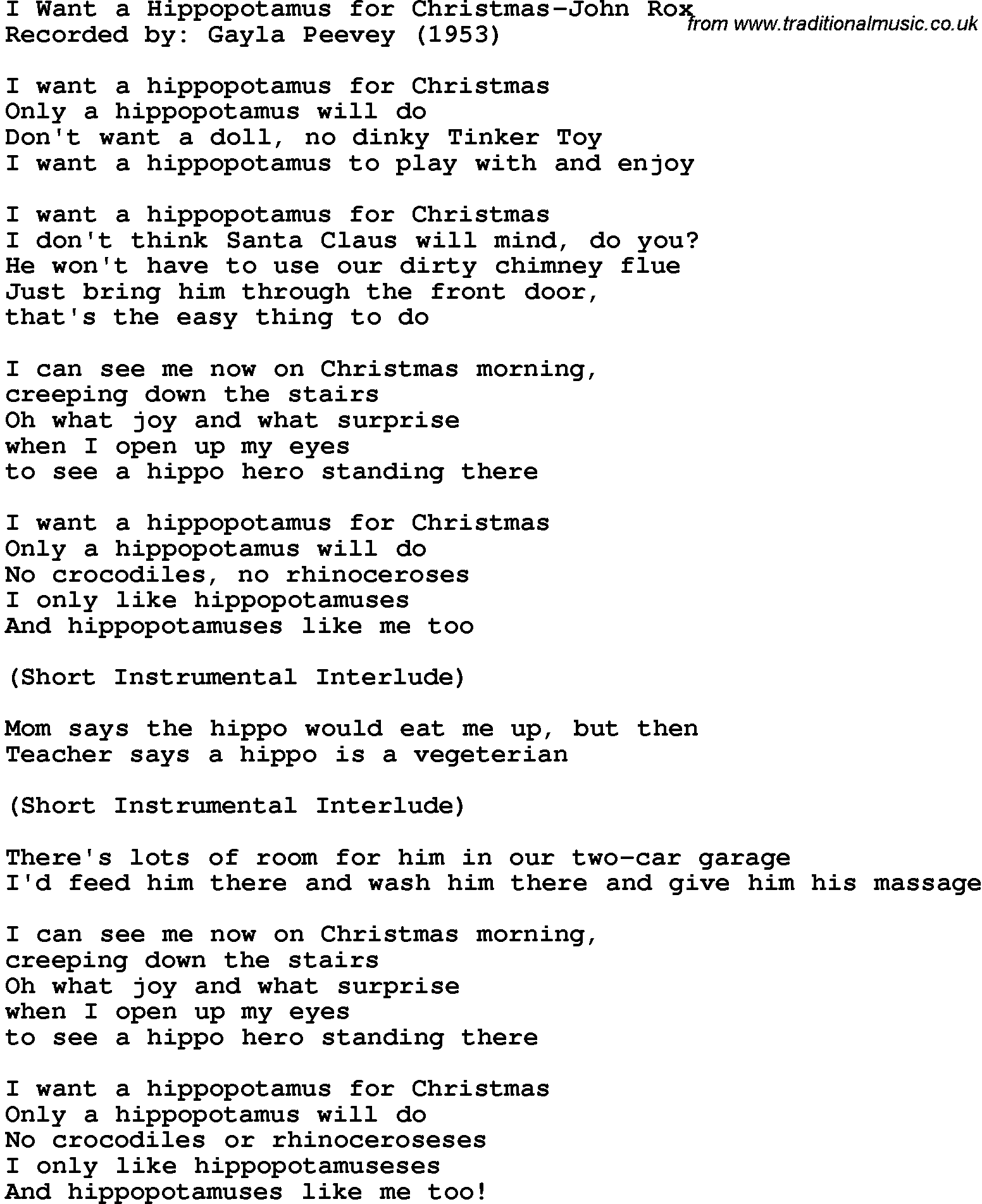 Novelty song: I Want A Hippopotamus For Christmas-John Rox lyrics
