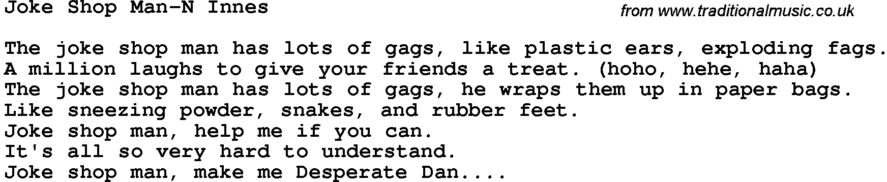 Novelty song: Joke Shop Man-N Innes lyrics