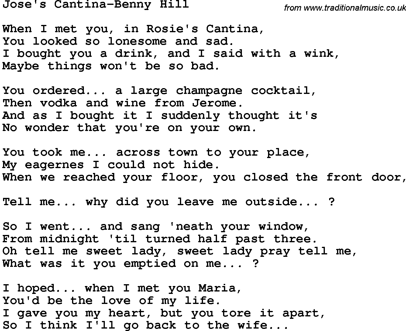 Novelty song: Jose's Cantina-Benny Hill lyrics