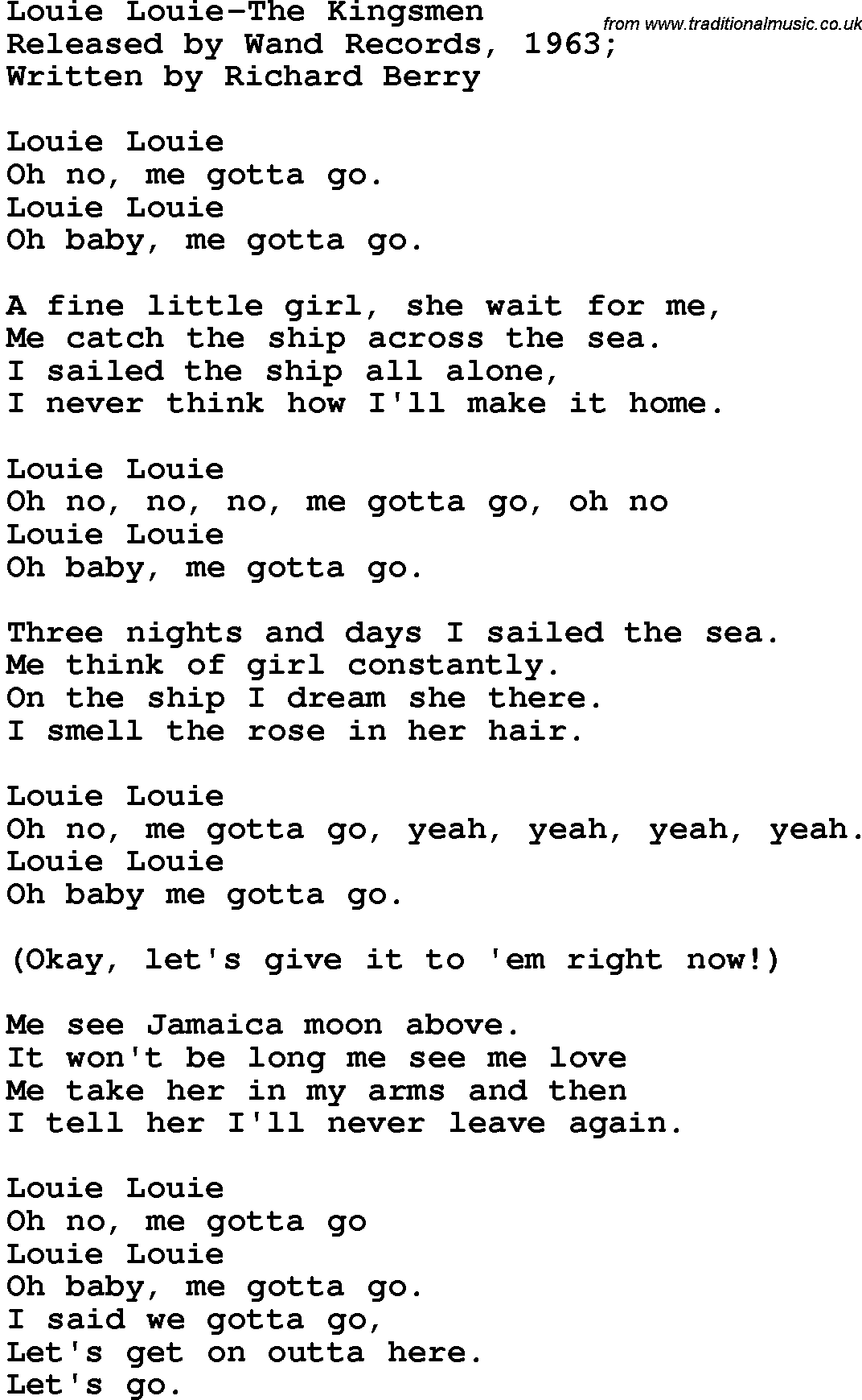 Novelty song: Louie Louie-The Kingsmen lyrics