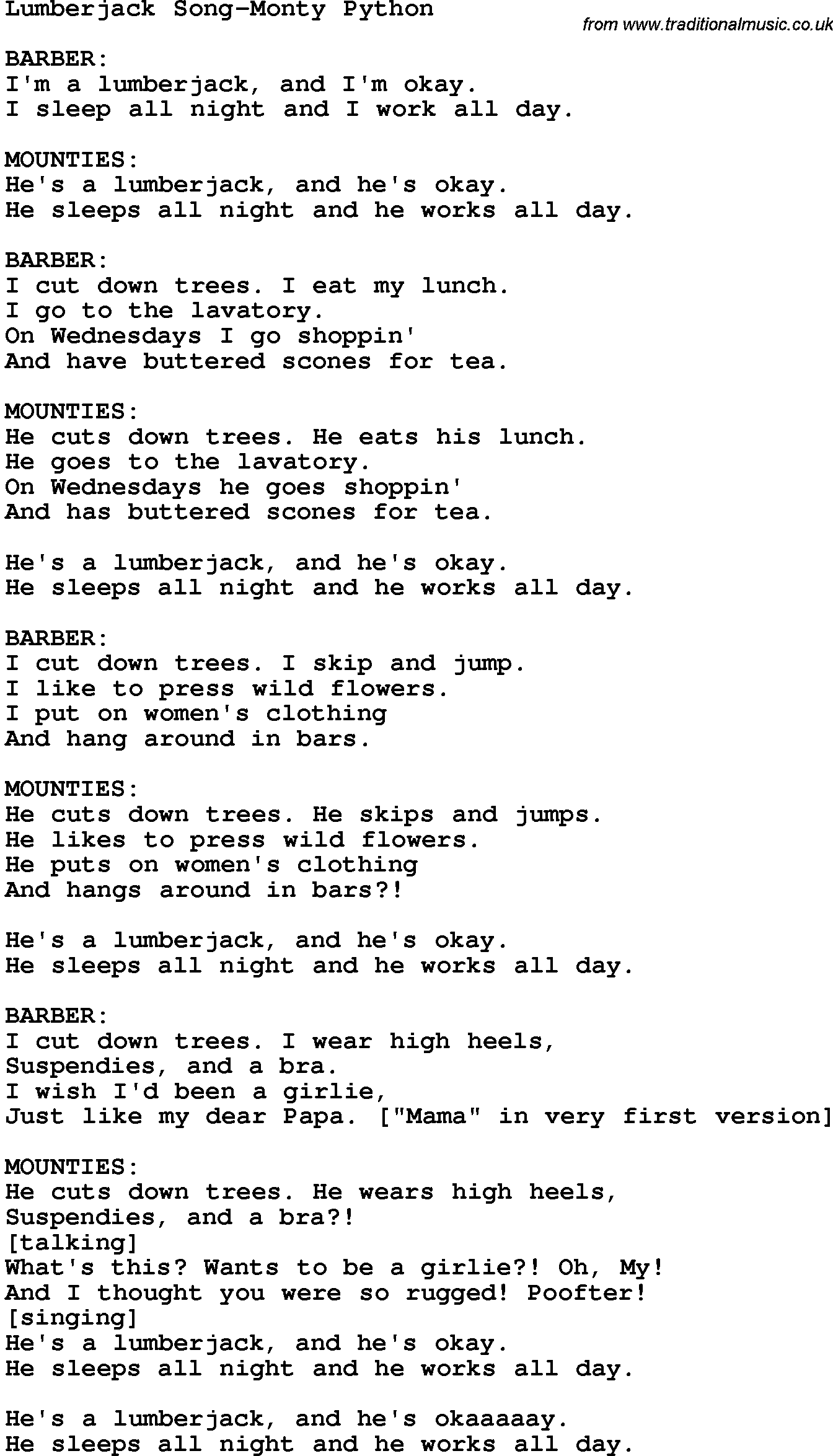 Novelty song: Lumberjack Song-Monty Python lyrics