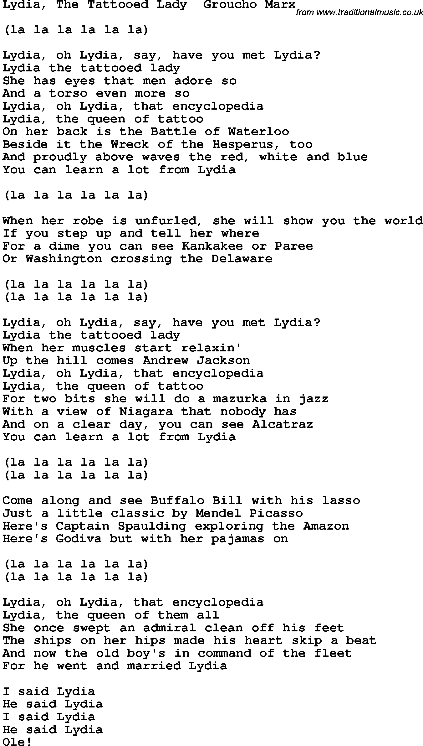 Novelty song: Lydia, The Tattooed Lady Groucho Marx lyrics