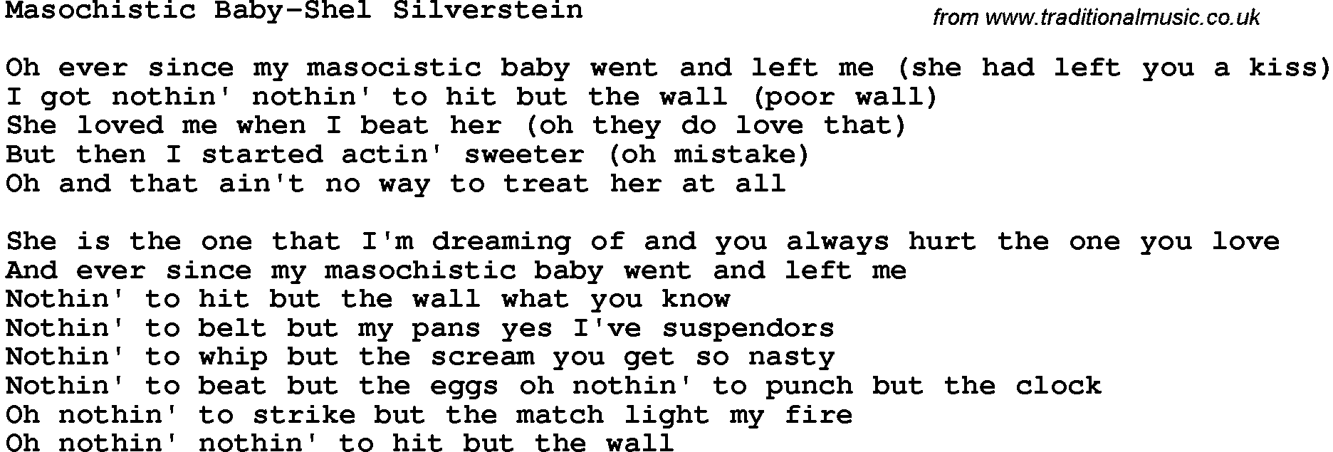 Novelty song: Masochistic Baby-Shel Silverstein lyrics