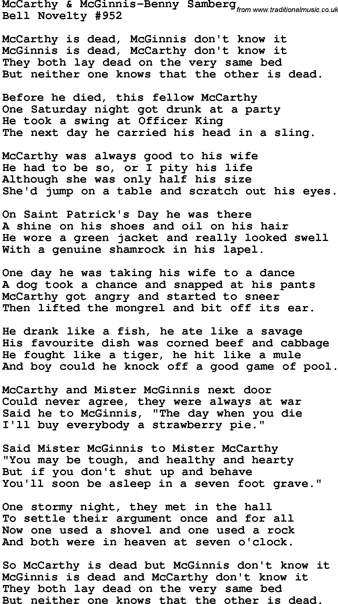 Novelty song: Mccarthy Mcginnis-Benny Samberg lyrics