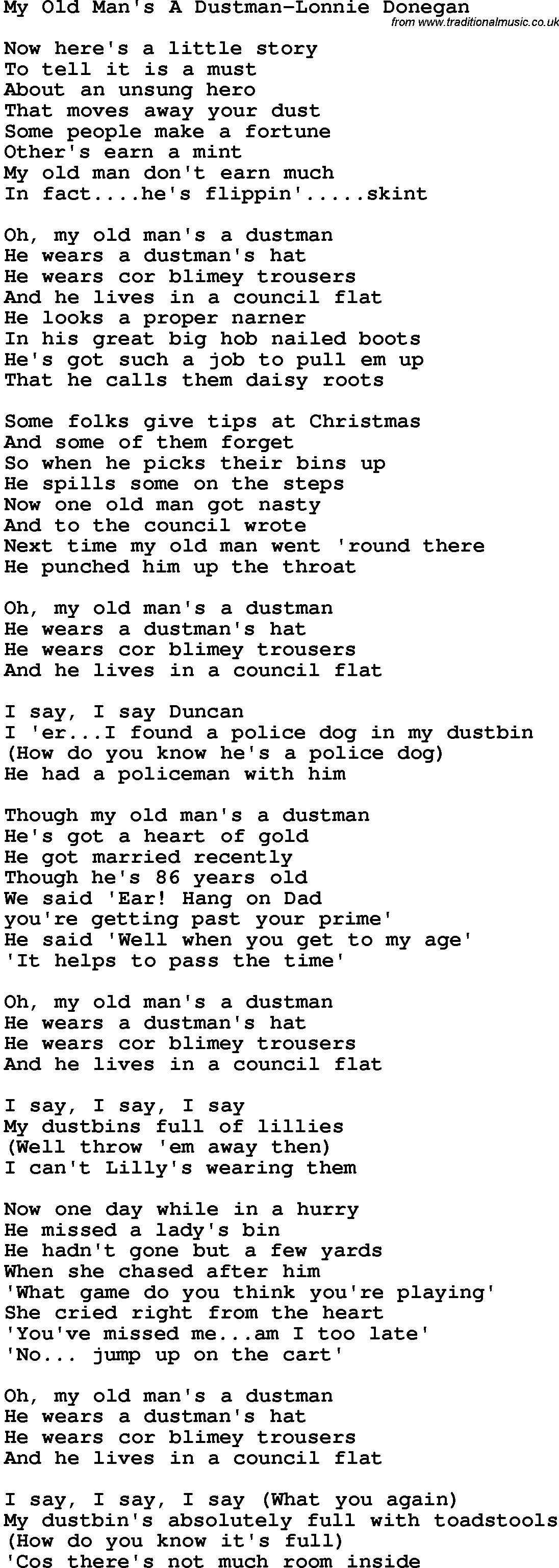 Novelty song: My Old Man's A Dustman-Lonnie Donegan lyrics