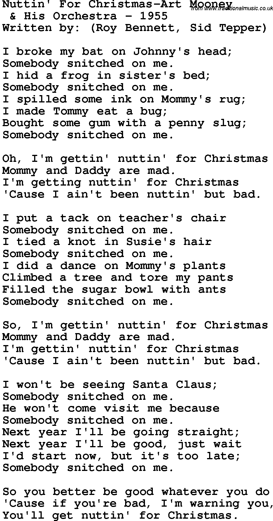 Novelty song: Nuttin' For Christmas-Art Mooney lyrics