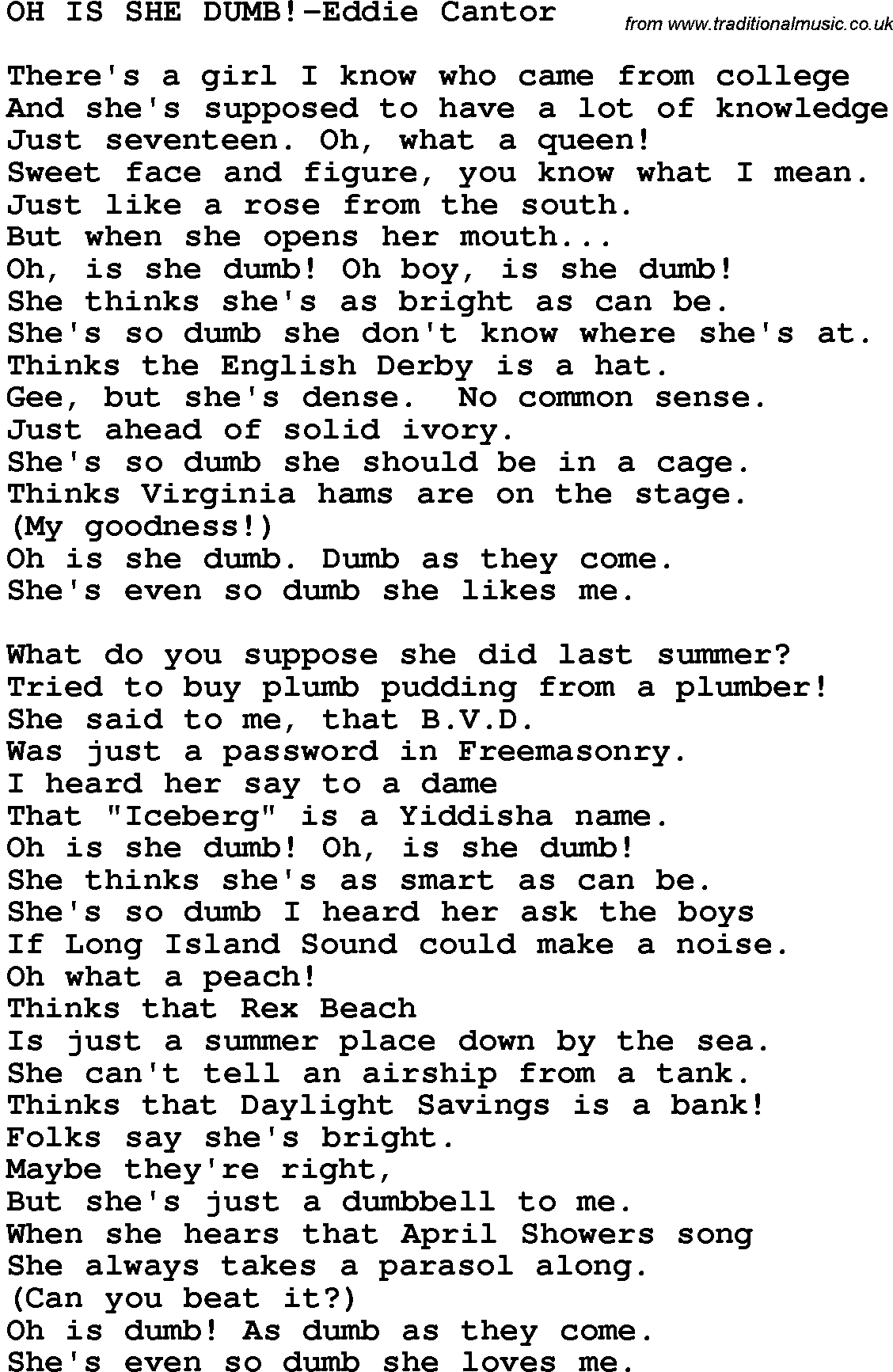 Novelty song: Oh Is She Dumb!-Eddie Cantor lyrics