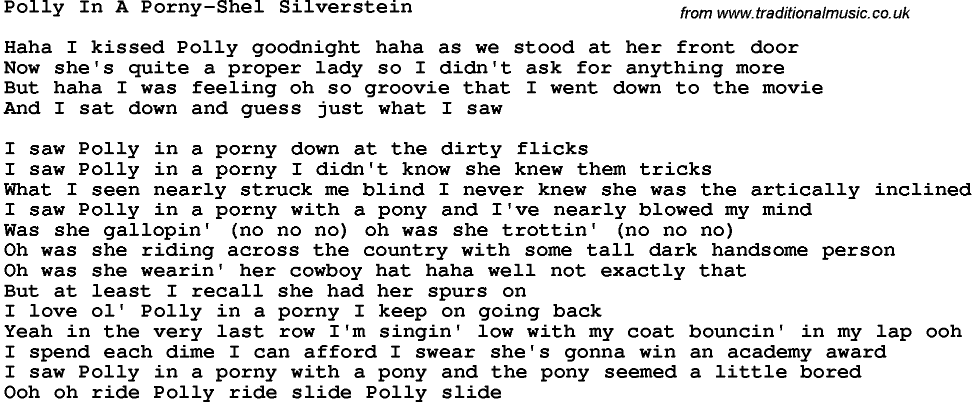 Novelty song: Polly In A Porny-Shel Silverstein lyrics