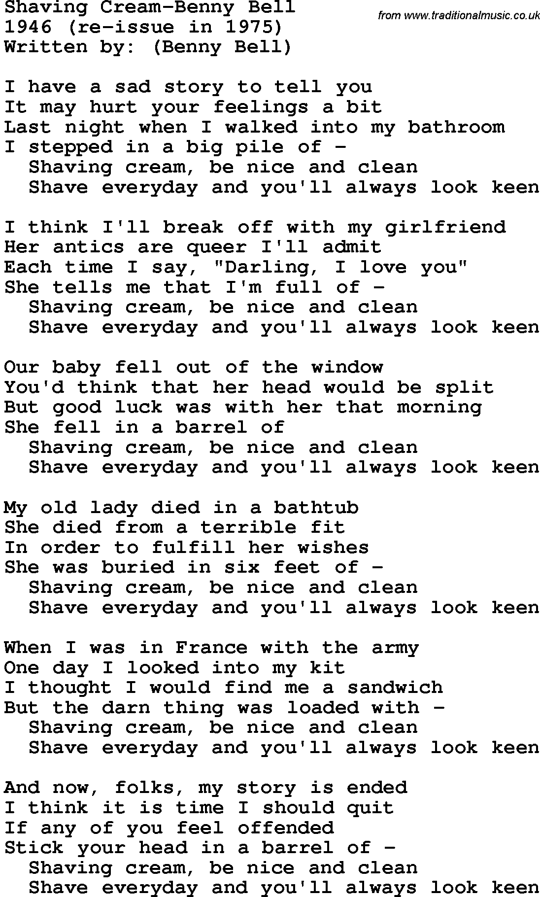 Novelty song: Shaving Cream-Benny Bell lyrics