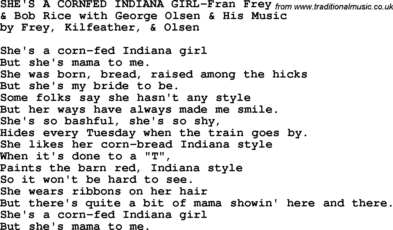 Novelty song: She's A Cornfed Indiana Girl-Fran Frey lyrics