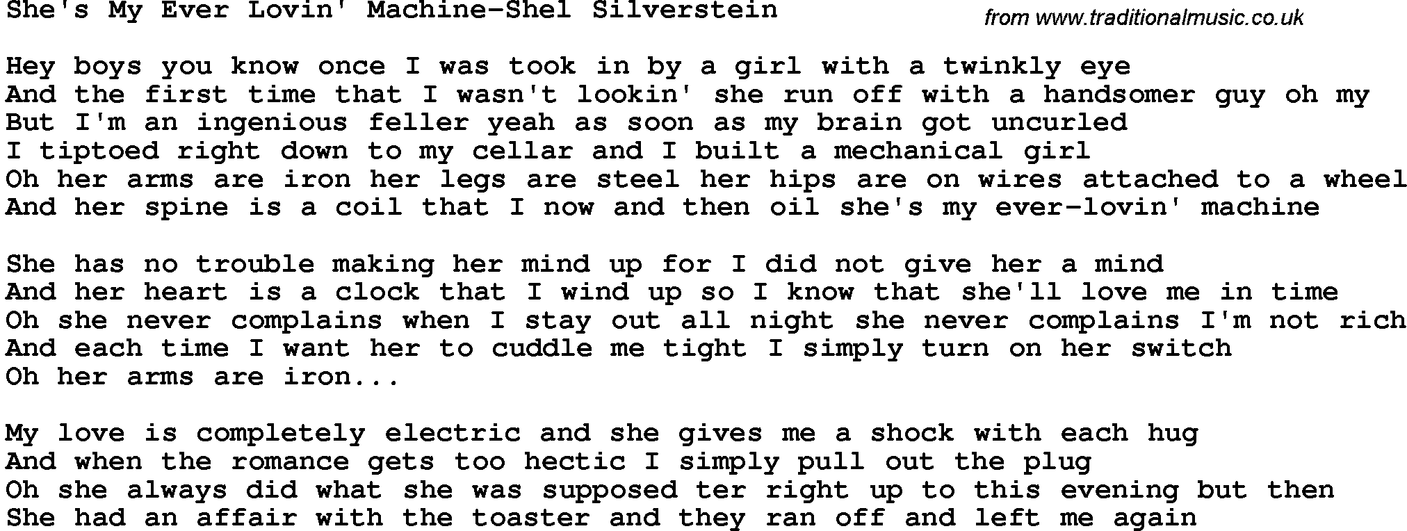 Novelty song: She's My Ever Lovin' Machine-Shel Silverstein lyrics