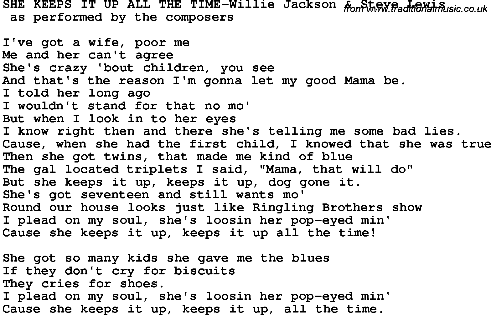Novelty song: She Keeps It Up All The Time-Willie Jackson & Steve Lewis lyrics