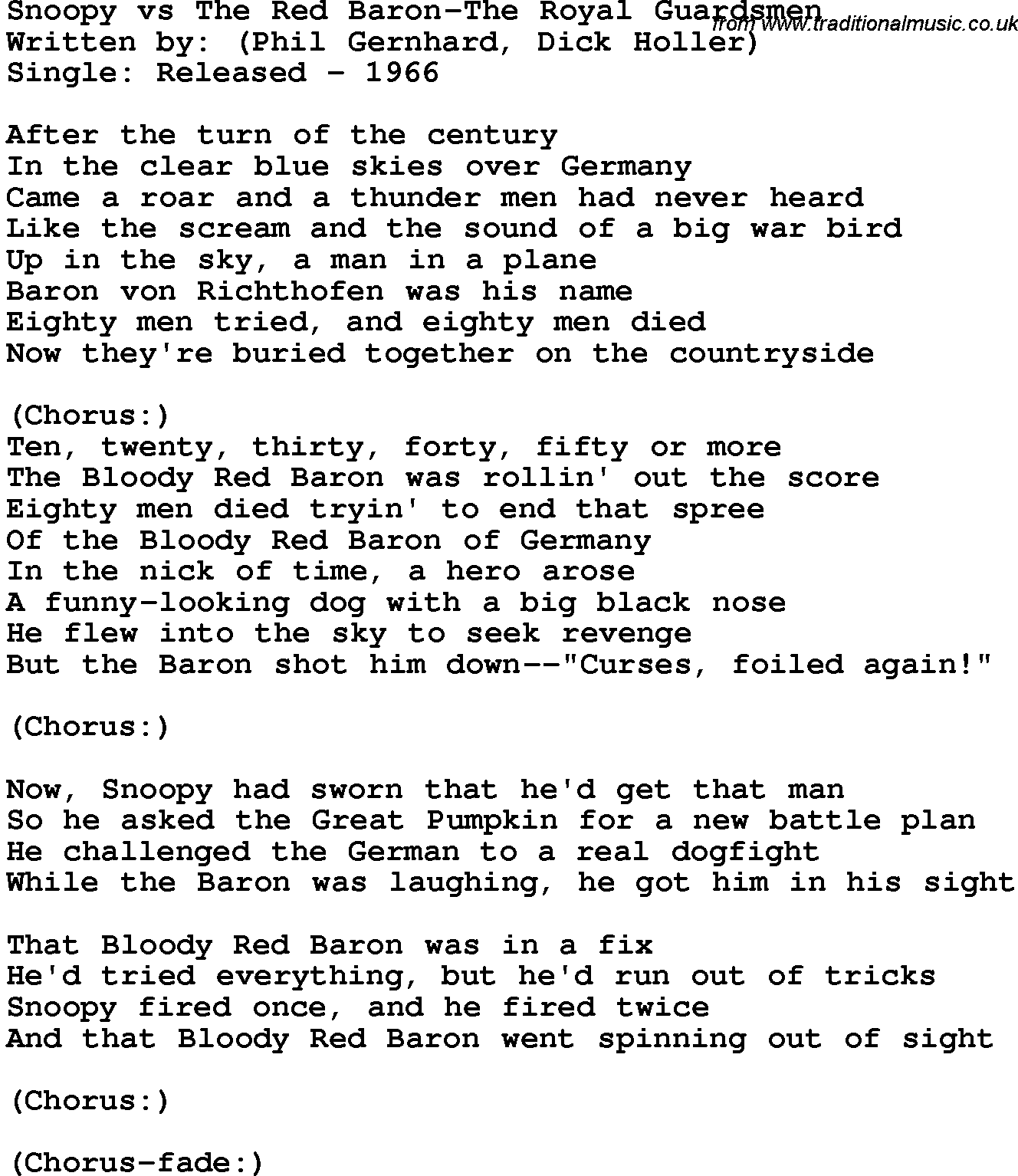 Novelty song: Snoopy Vs The Red Baron-The Royal Guardsmen lyrics