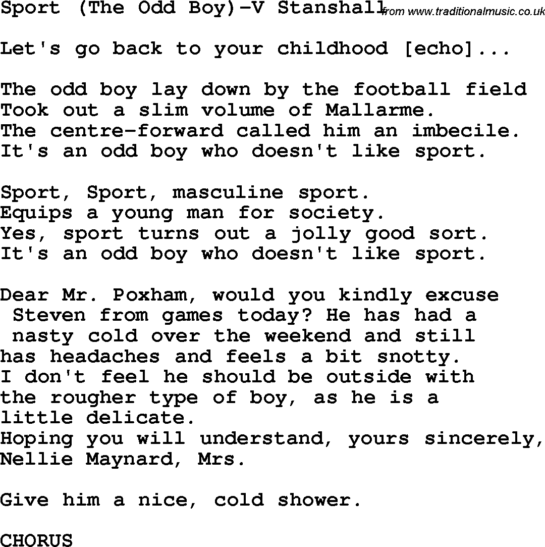 Novelty song: Sport The Odd Boy -V Stanshall lyrics