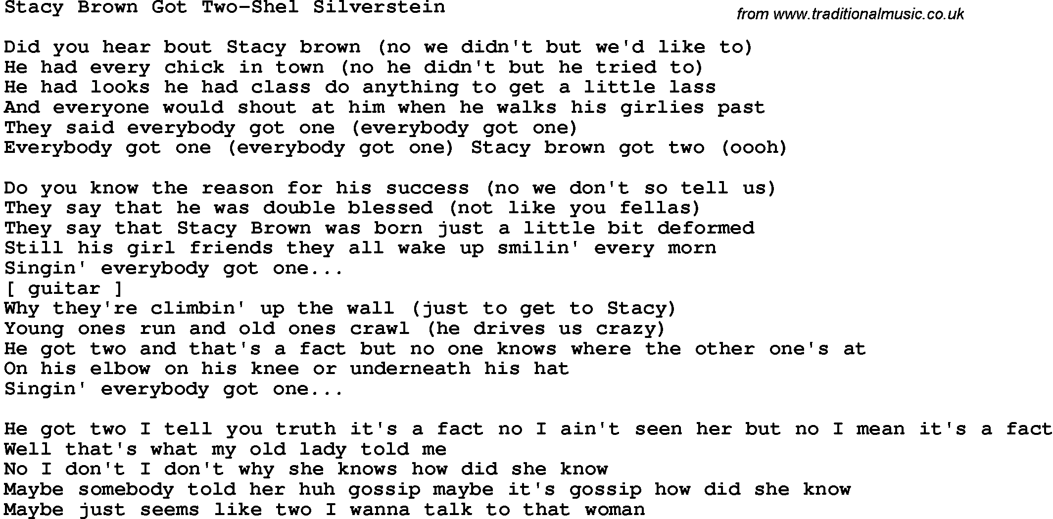 Novelty song: Stacy Brown Got Two-Shel Silverstein lyrics