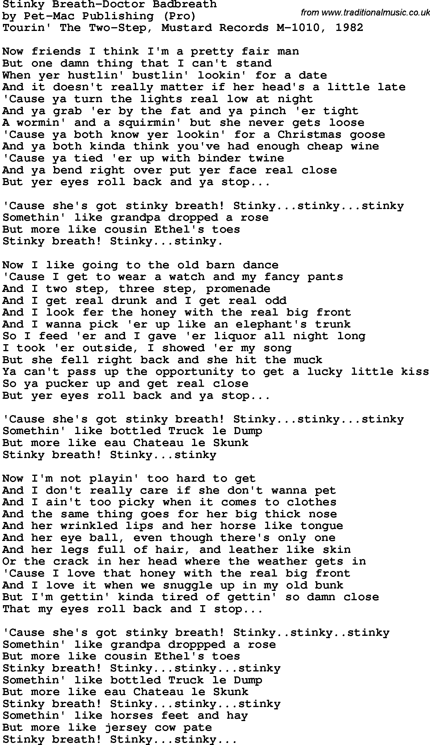Novelty song: Stinky Breath-Doctor Badbreath lyrics