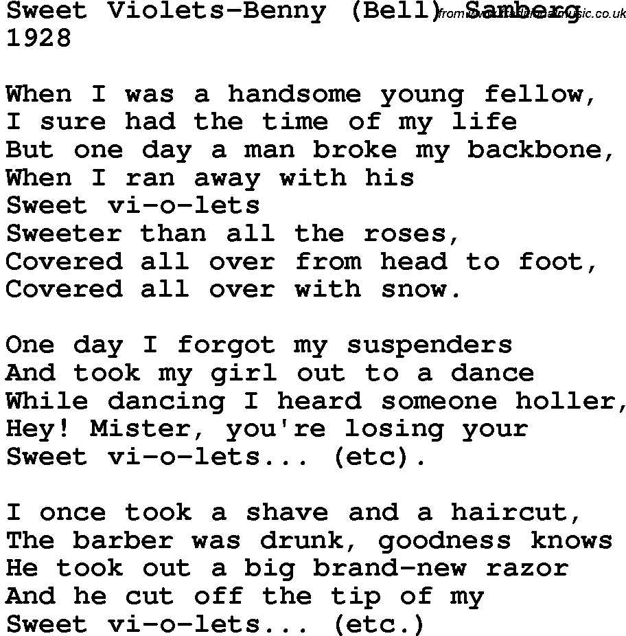 Novelty song: Sweet Violets-Benny Bell Samberg lyrics