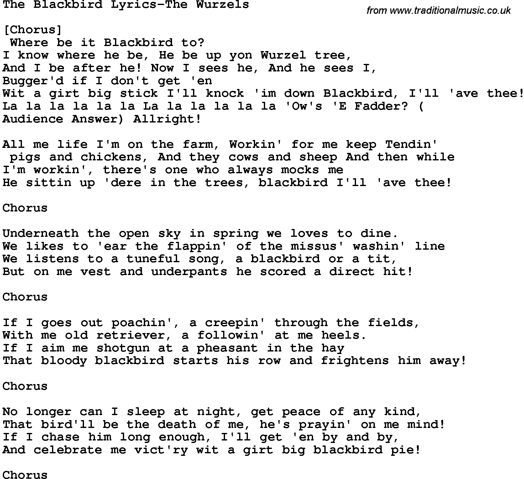 Novelty song: The Blackbird Lyrics-The Wurzels lyrics