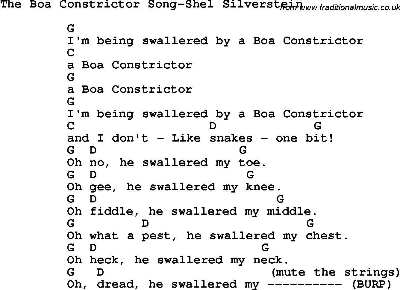 Novelty song: The Boa Constrictor Song-Shel Silverstein lyrics