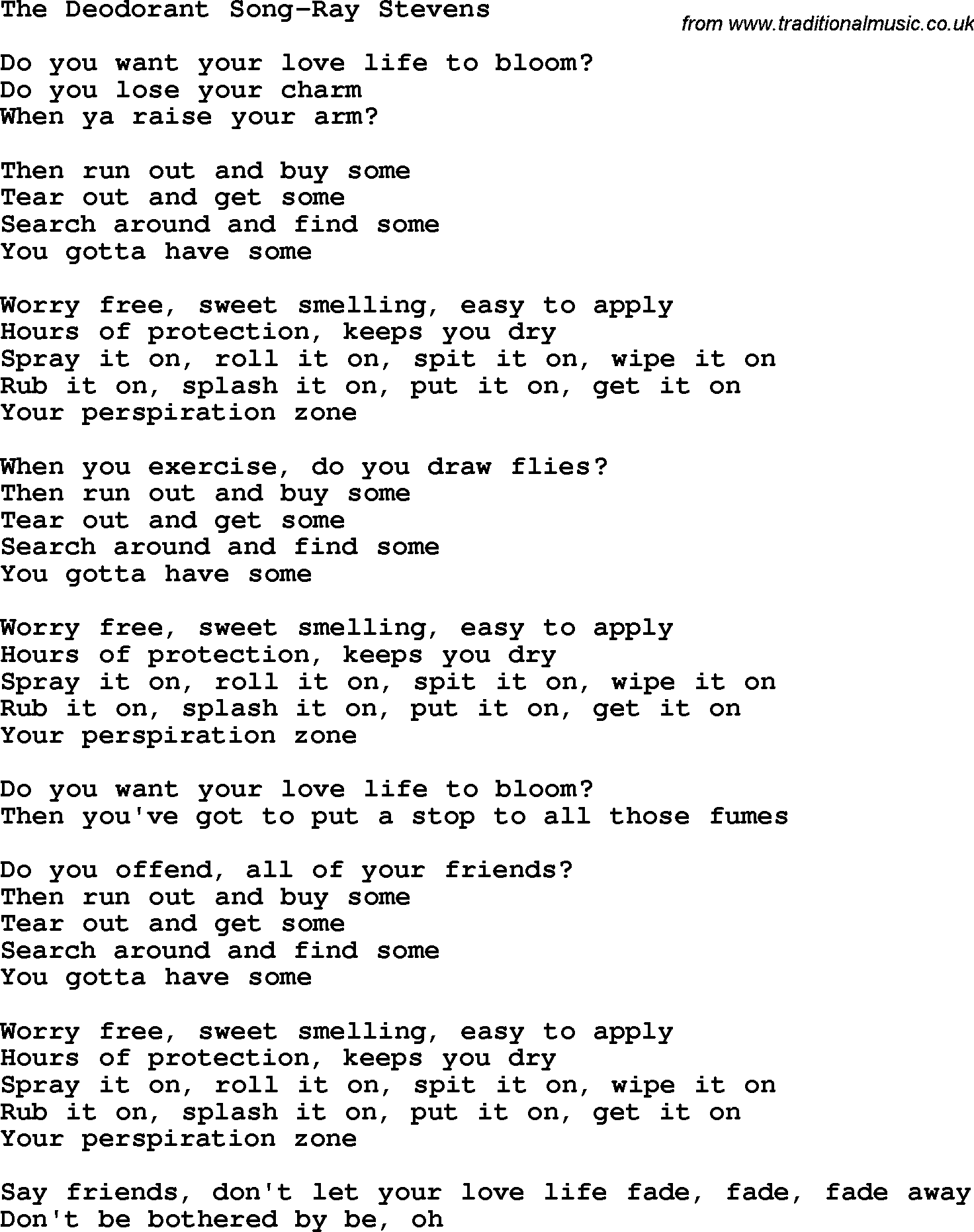 Novelty song: The Deodorant Song-Ray Stevens lyrics
