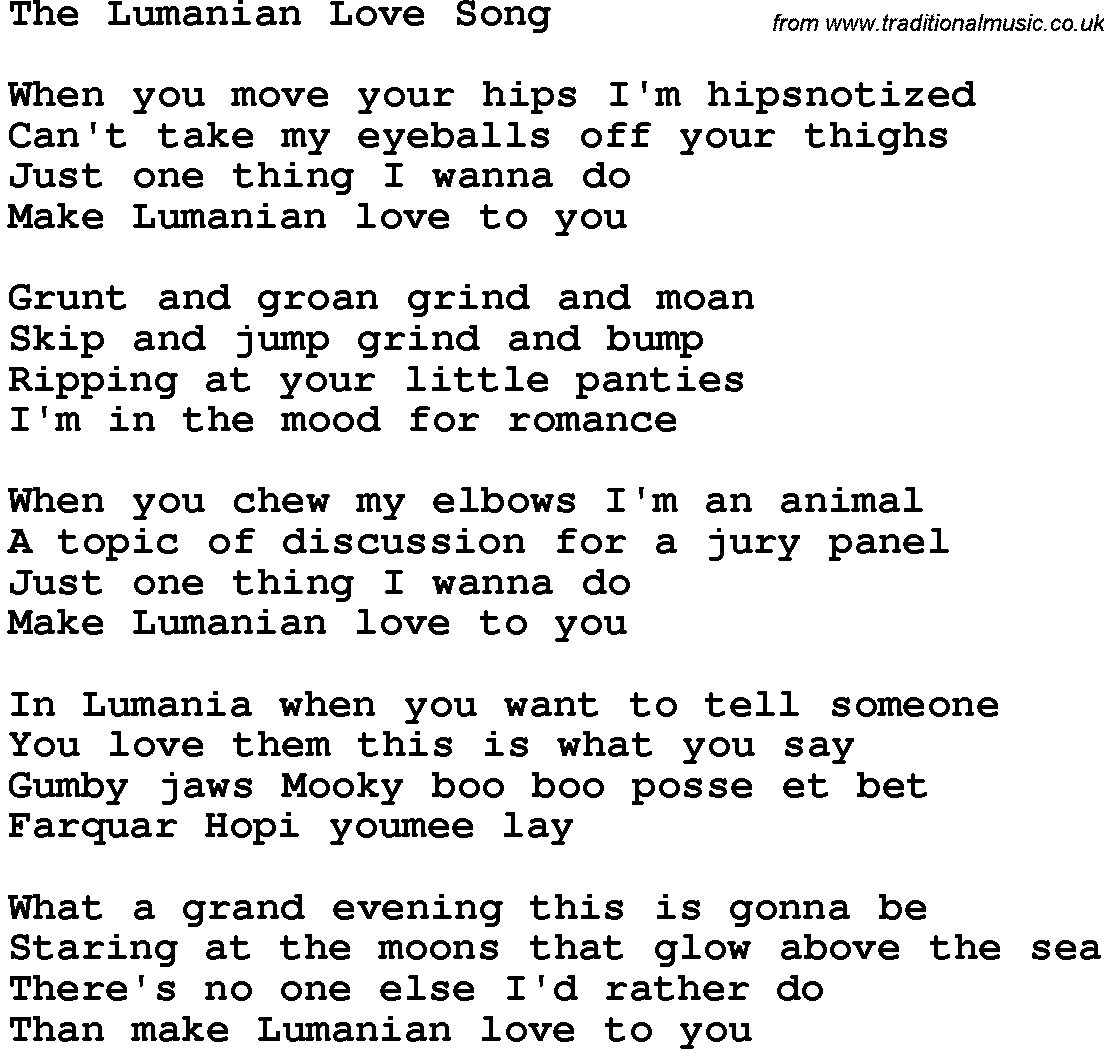 Novelty song: The Lumanian Love Song lyrics