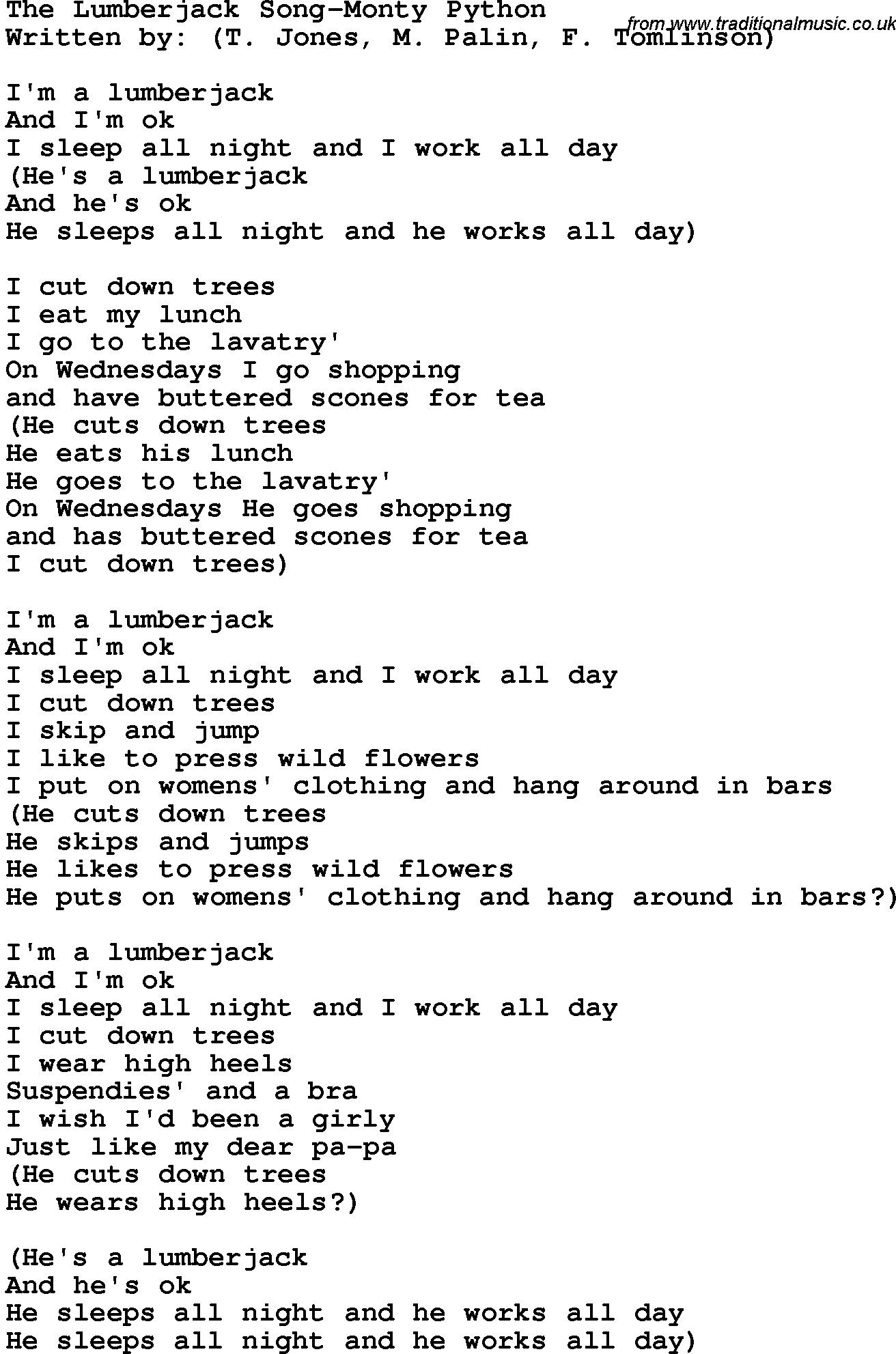 Novelty song: The Lumberjack Song-Monty Python lyrics