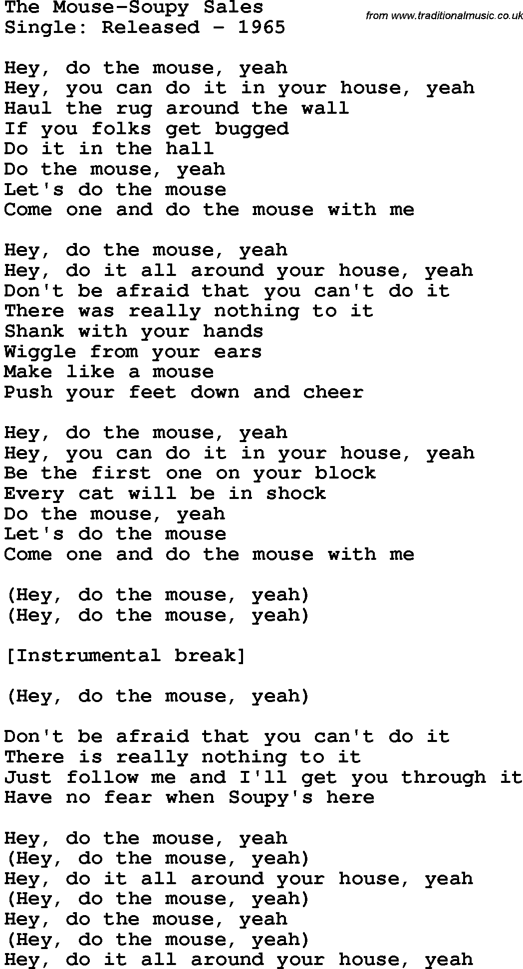 Novelty song: The Mouse-Soupy Sales lyrics