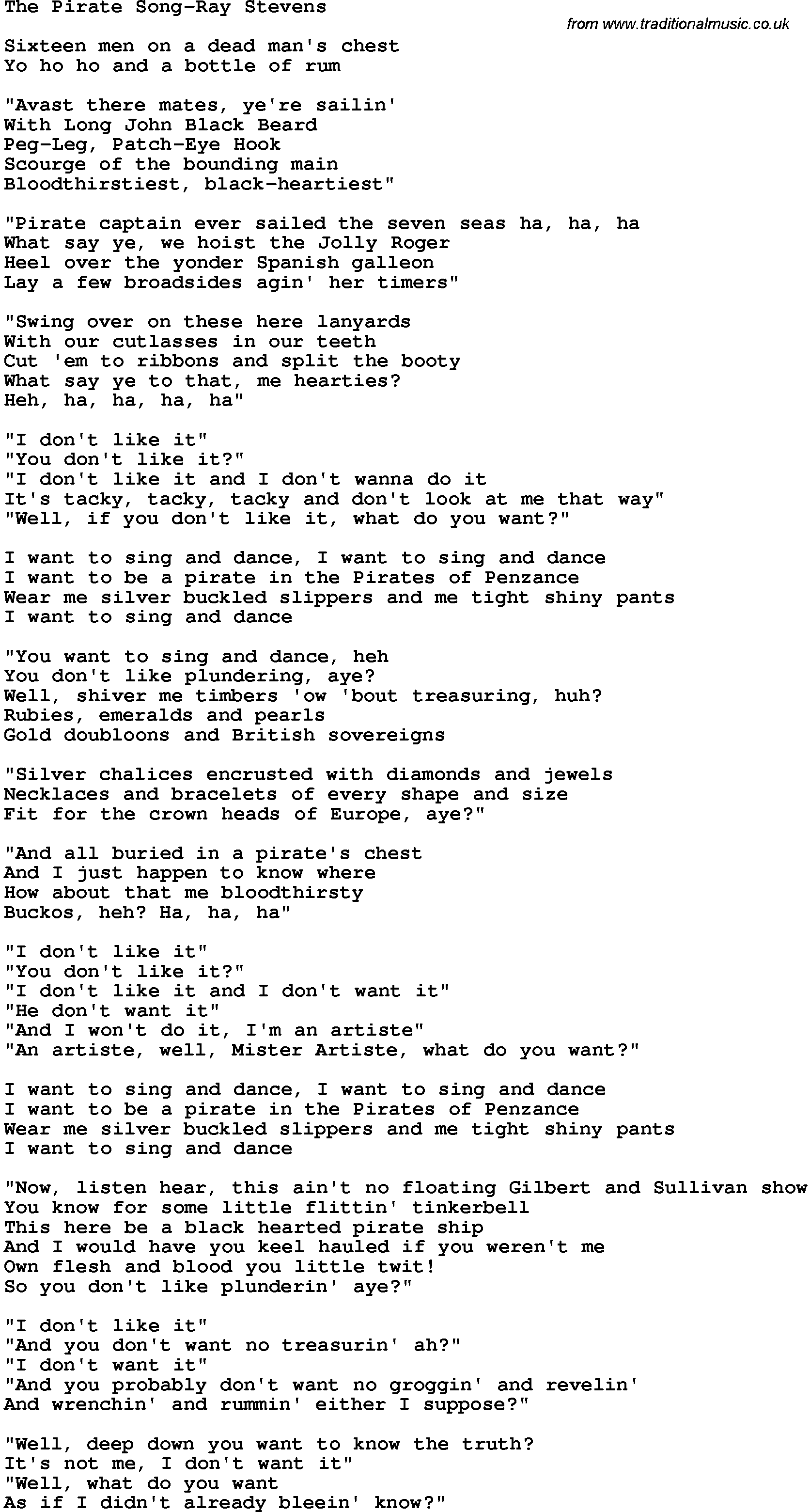 Novelty song: The Pirate Song-Ray Stevens lyrics