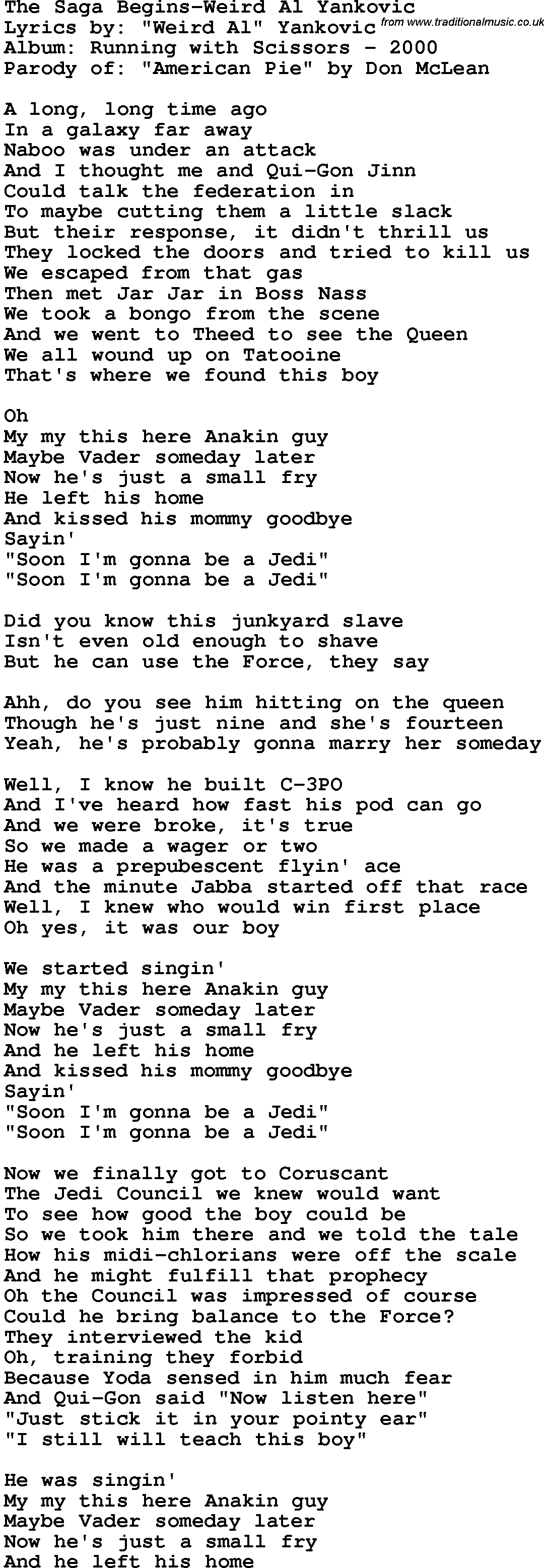Novelty song: The Saga Begins-Weird Al Yankovic lyrics