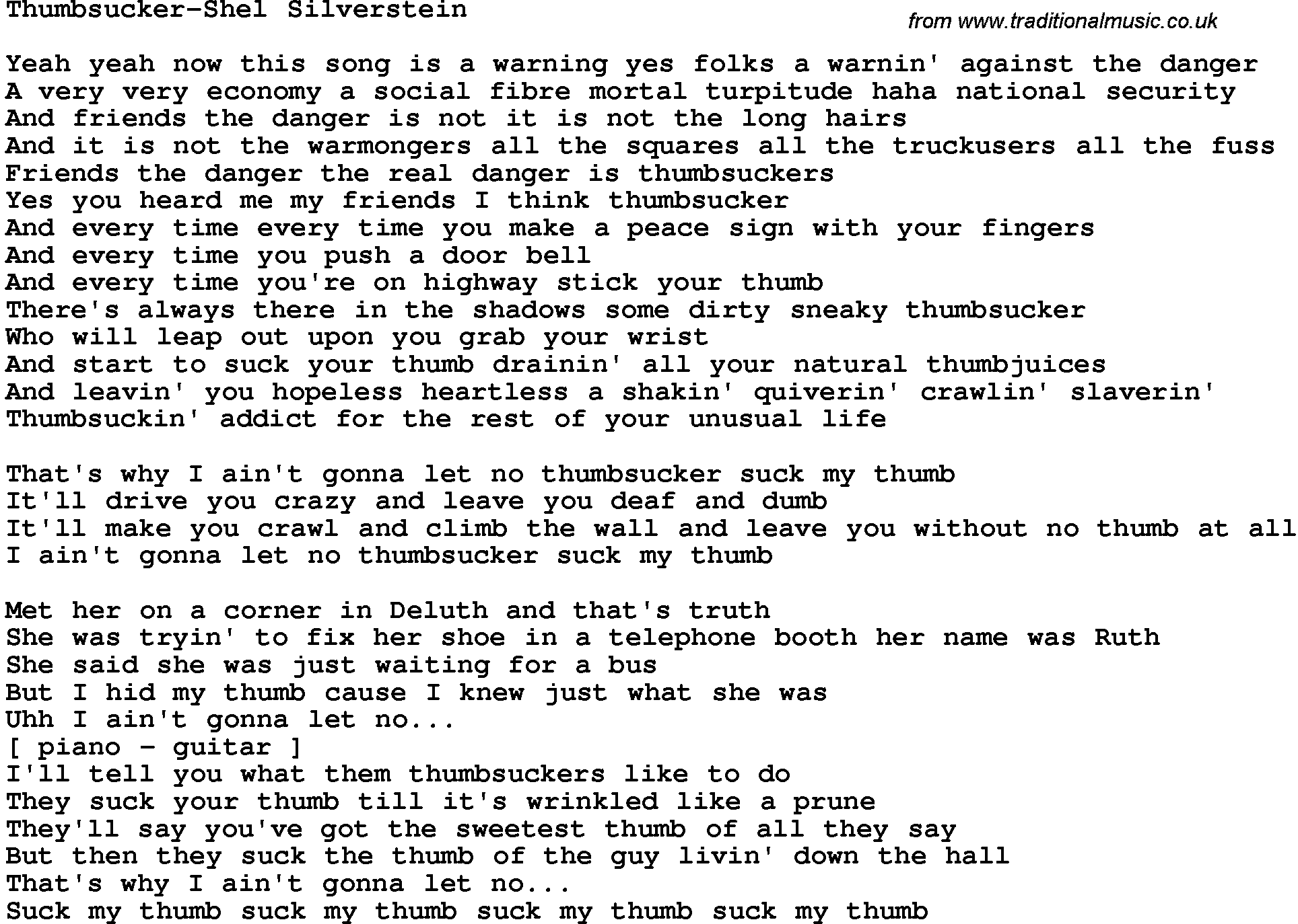 Novelty song: Thumbsucker-Shel Silverstein lyrics
