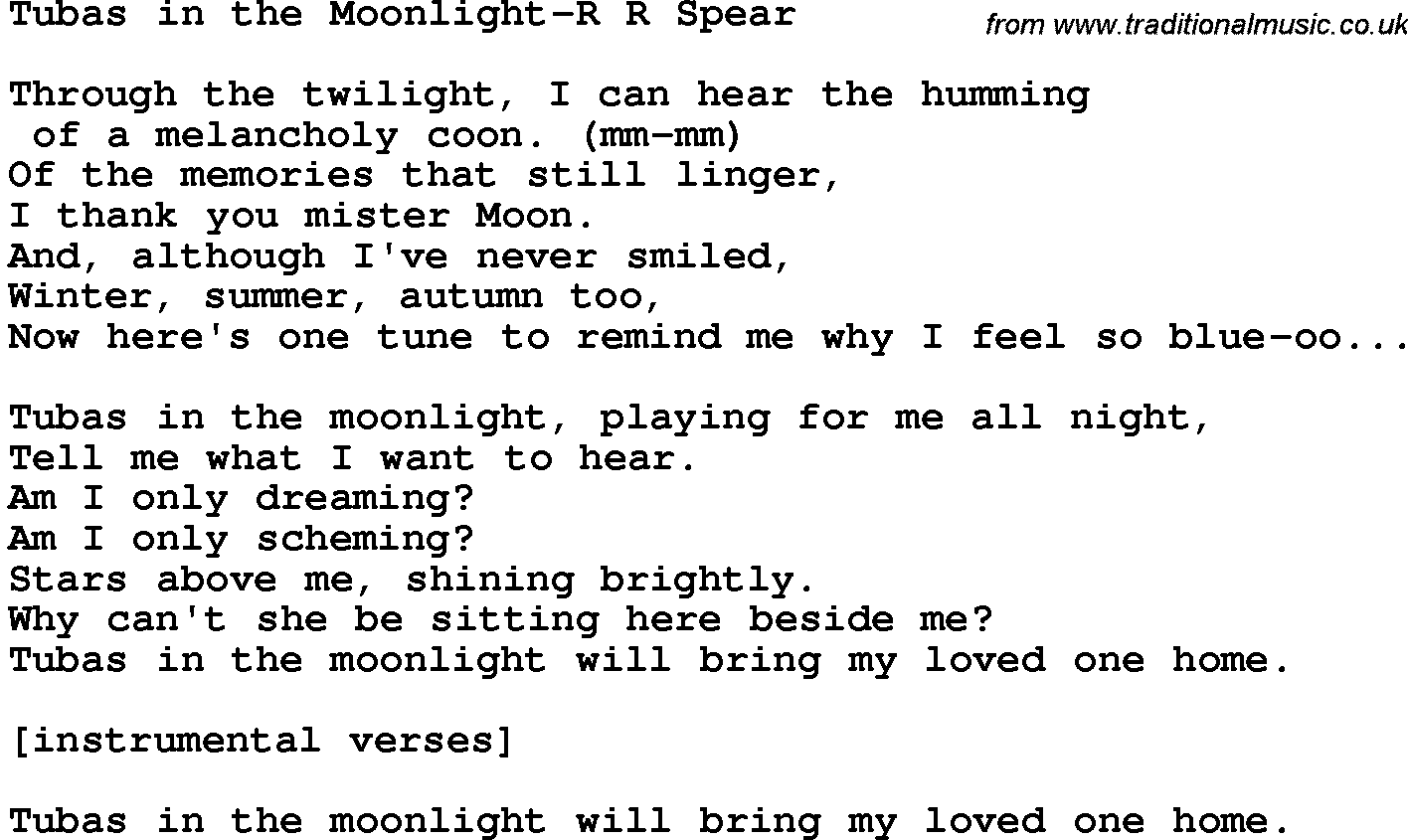 Novelty song: Tubas In The Moonlight-R R Spear lyrics