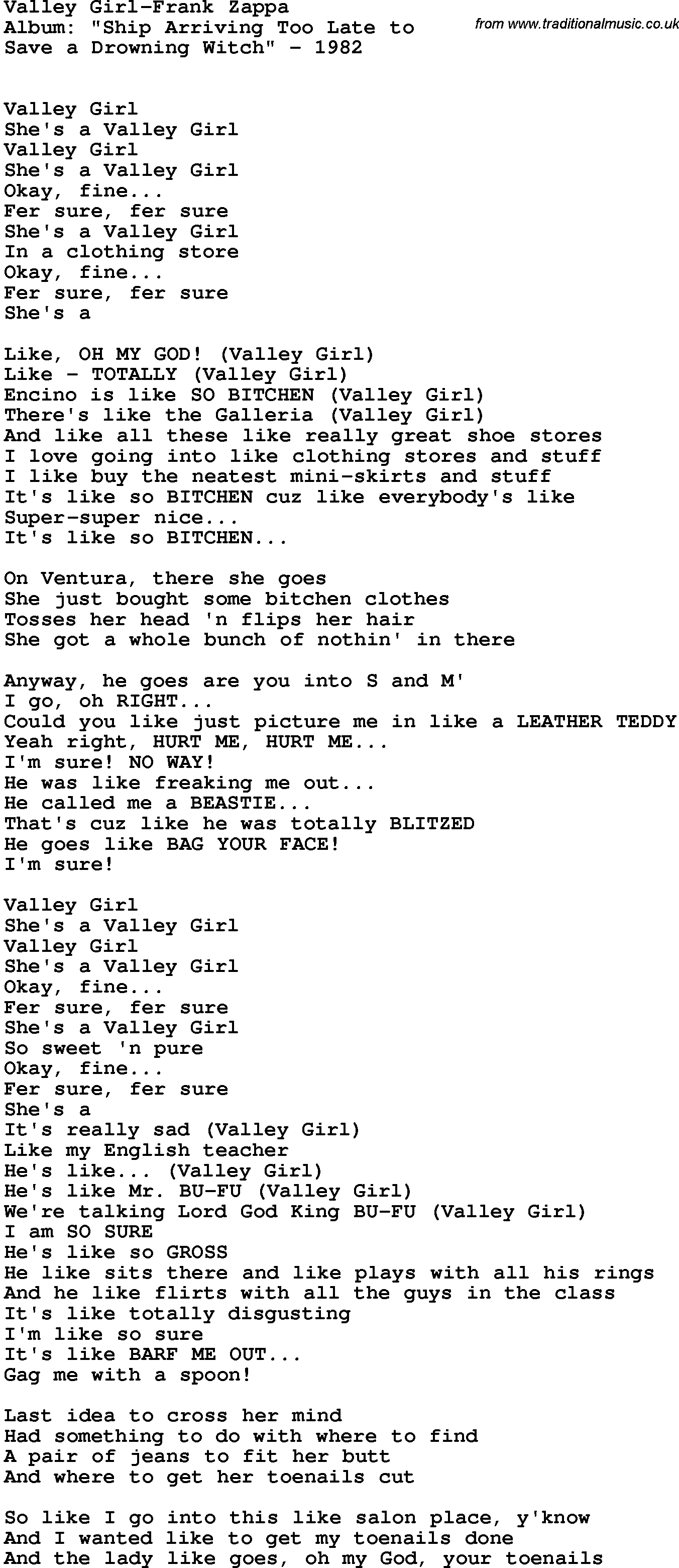 Novelty song: Valley Girl-Frank Zappa lyrics