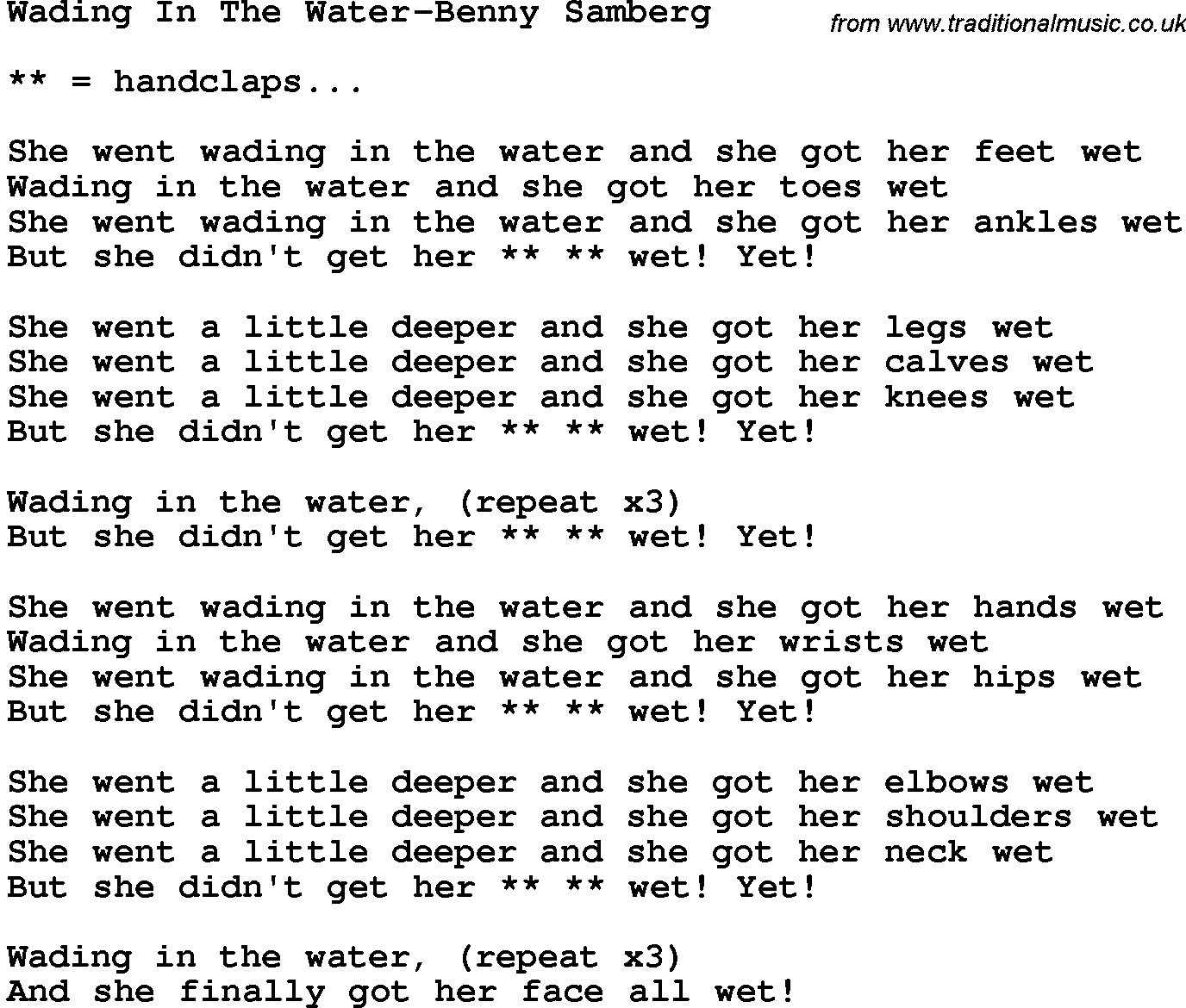 Novelty song: Wading In The Water-Benny Samberg lyrics