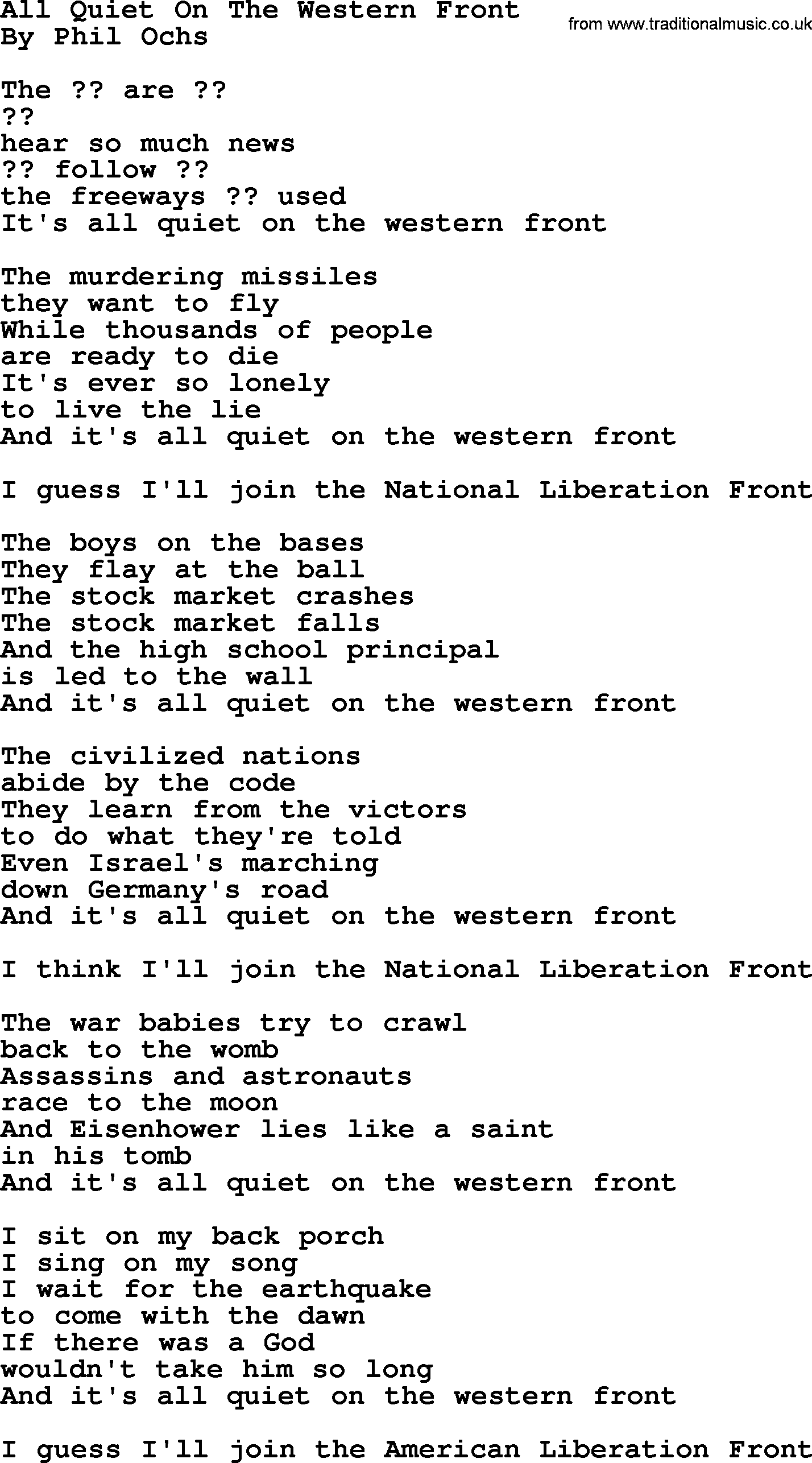 Phil Ochs song All Quiet On The Western Front, lyrics