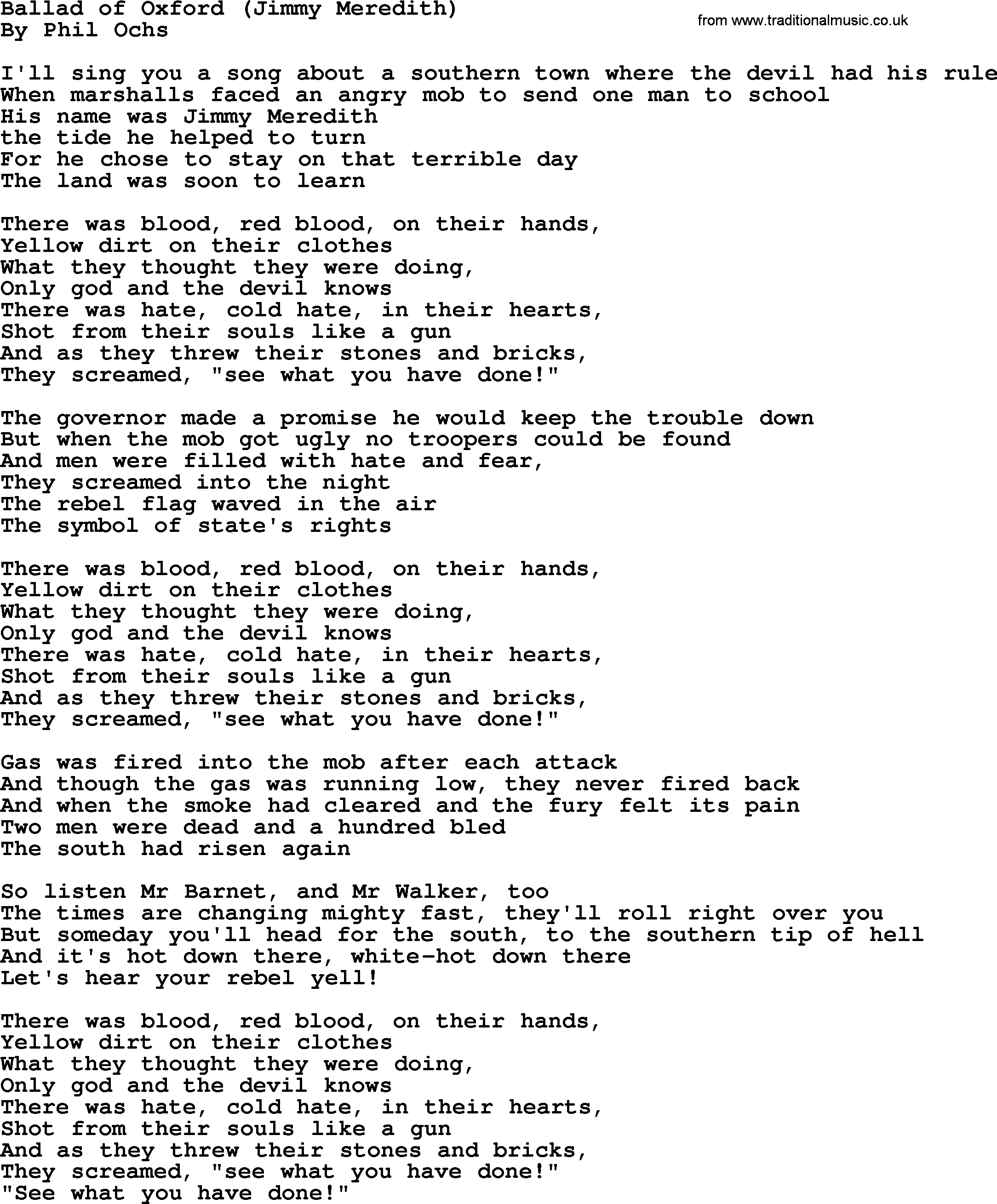 Phil Ochs song Ballad Of Oxford(jimmy Meredith), lyrics