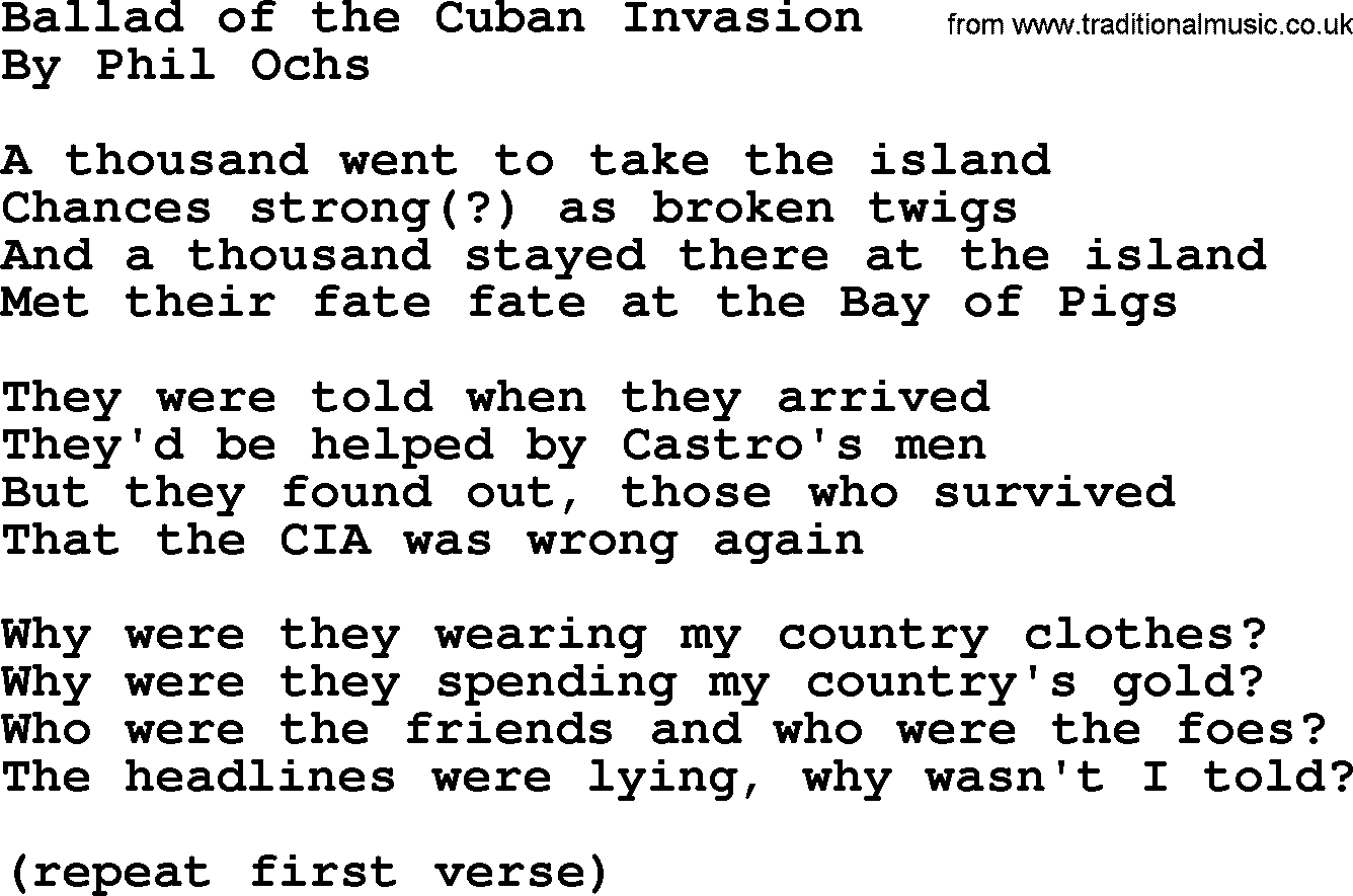 Phil Ochs song Ballad Of The Cuban Invasion, lyrics