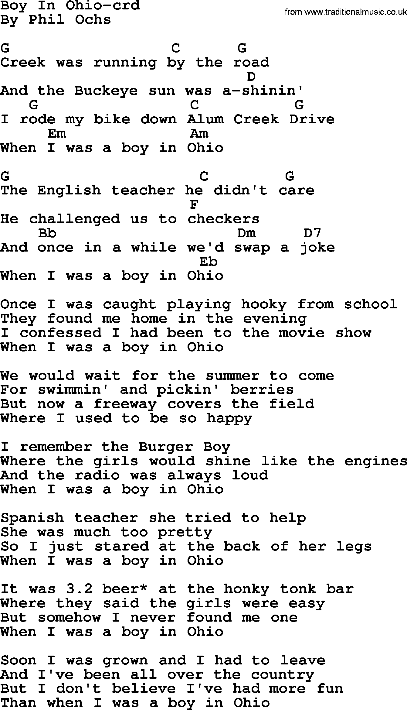 Phil Ochs song Boy In Ohio- by Phil Ochs, lyrics and chords
